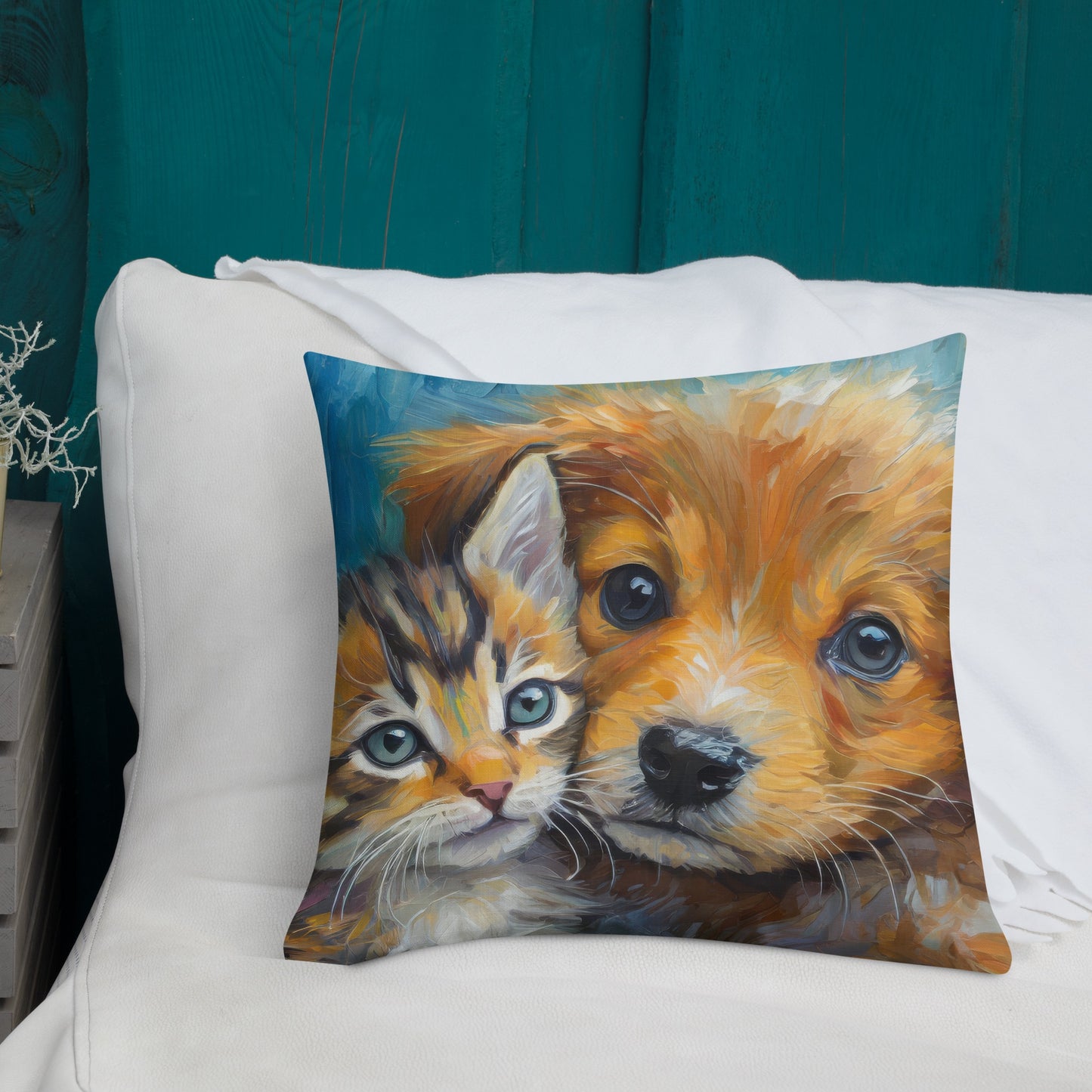 Premium Pillow with Vibrant Oil Painting of Kitten and Puppy Cuddling | Home Décor | Perfect Gift for Kids, Pet Lovers, Dog & Cat Lovers