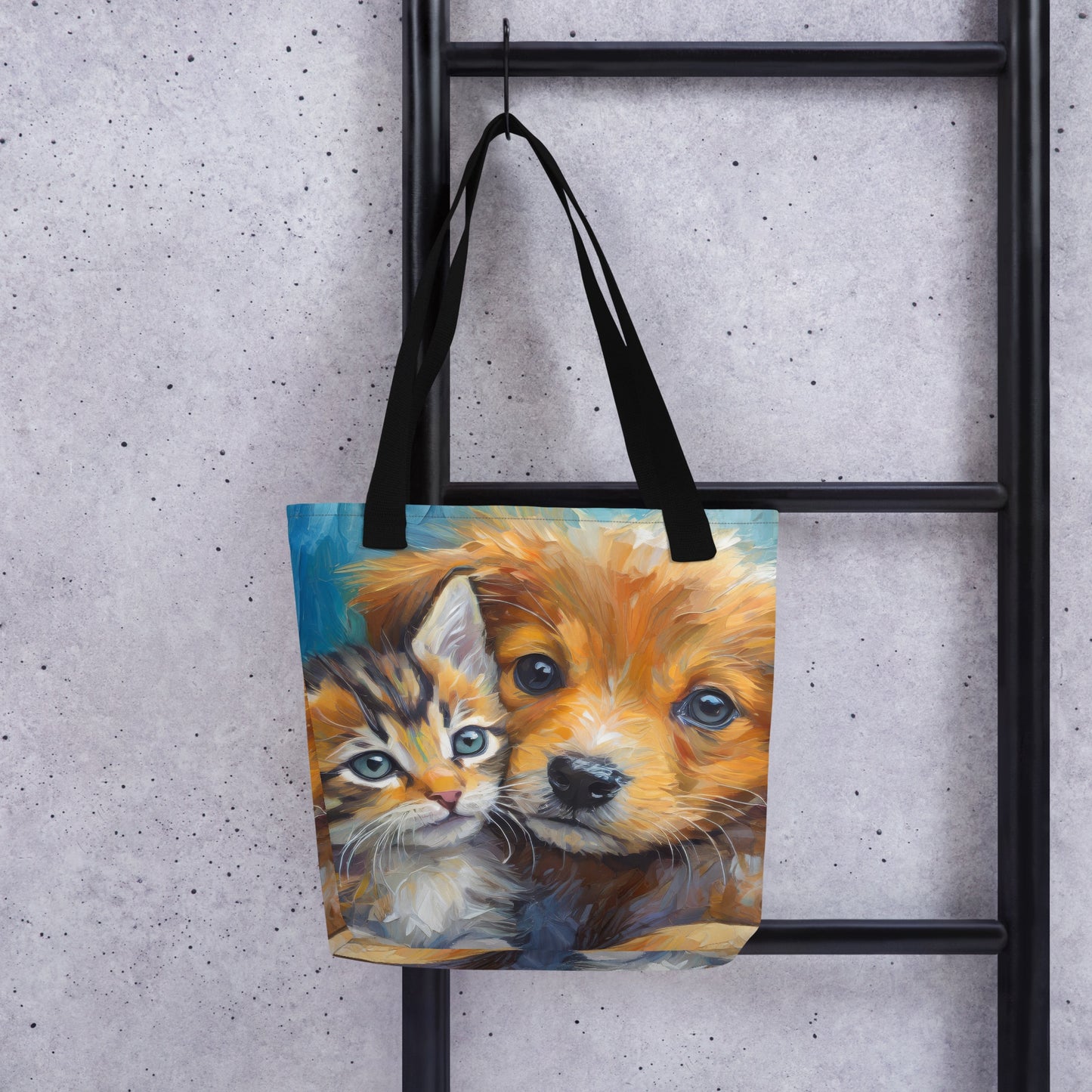 Adorable Kitten And Puppy Cuddling Oil Painting Tote Bag - Stylish Pet Lovers Tote Bag - Cute Animal Art Design - Makes A Great Gift Too