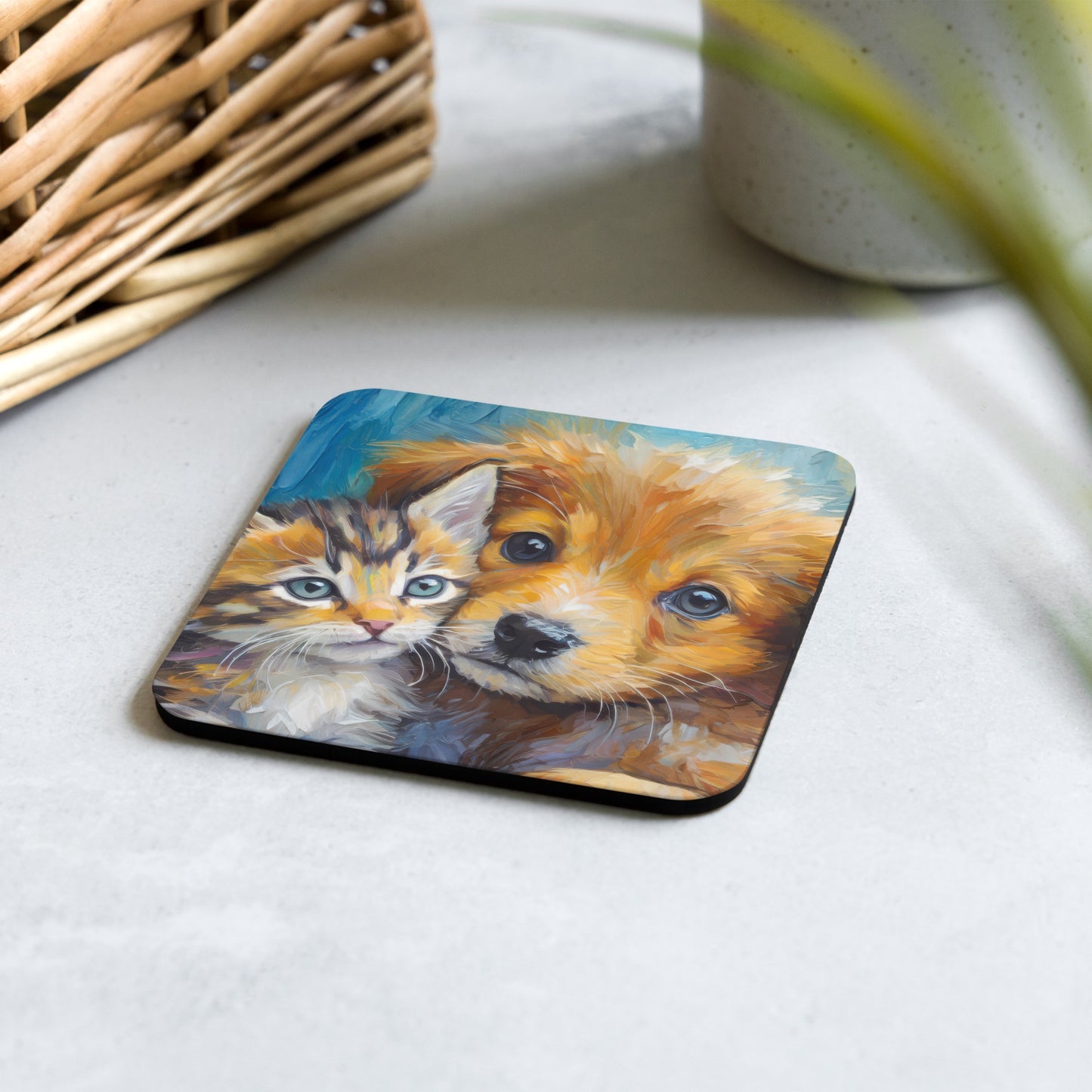 Adorable Kitten And Puppy Cuddling Cork-Back Coaster - Vibrant Oil Painting, Perfect Gift For Pet Lovers - Beautiful Home & Kitchen Décor
