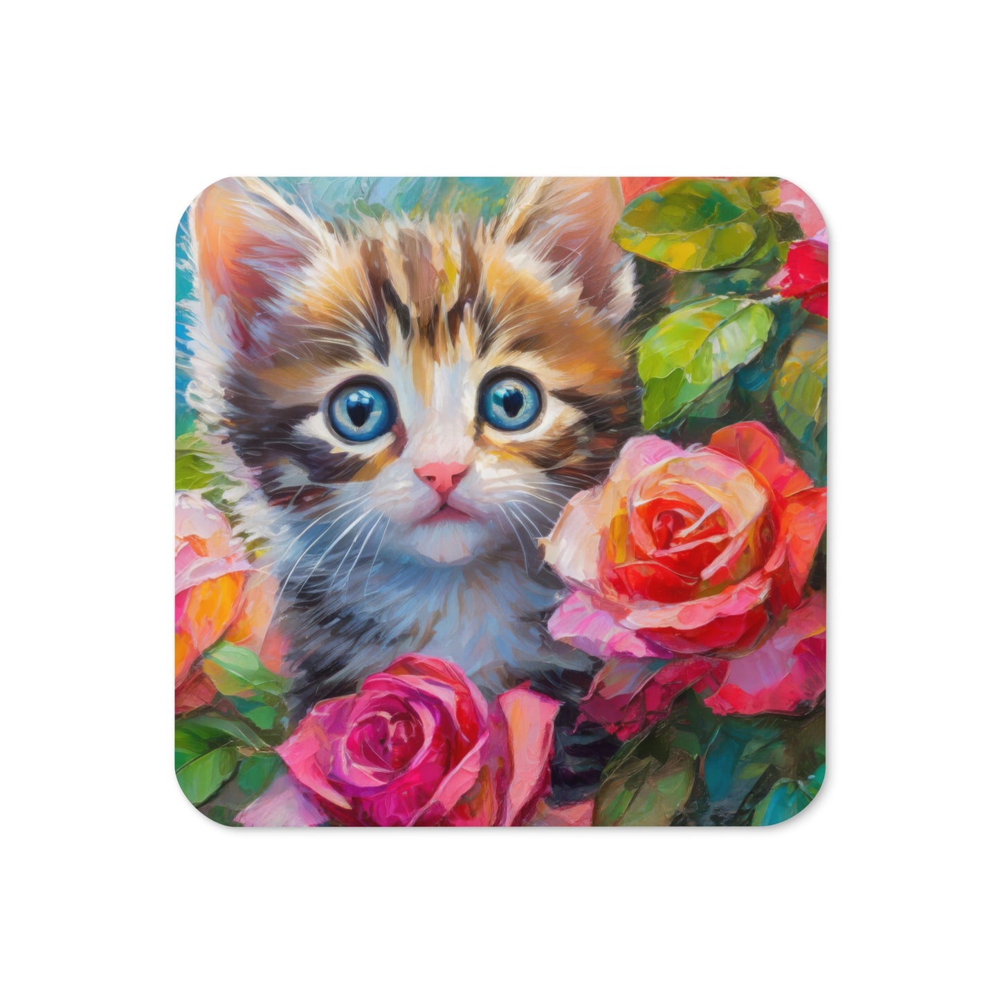 Charming Kitten in Hiding In Rose Bush Cork-back Coaster – Beautiful Oil Painting –  Perfect for Cat Lovers – Elegant Home & Kitchen Décor
