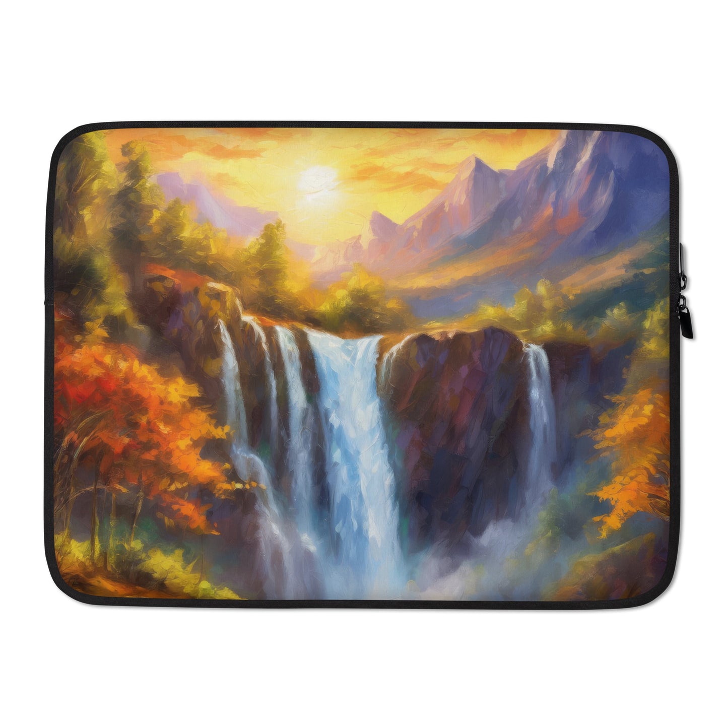 Majestic Mountain Range Laptop Sleeve - Scenic Autumn Sunset, Cliff And Waterfall - Colorful And Stylish - Perfect for Home & Country Décor