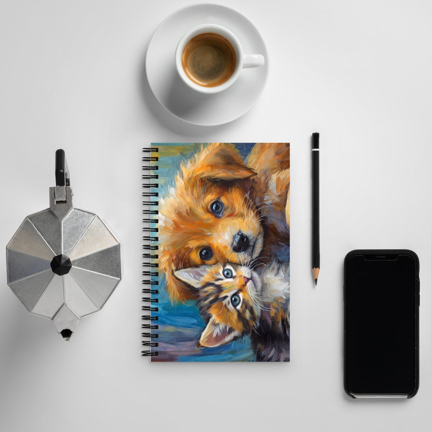 Spiral Notebook With Cute Oil Painting of Kitten And Puppy Cuddling | Stationary Art | Perfect Gift For Journaling, Note Taking & Pet Lovers