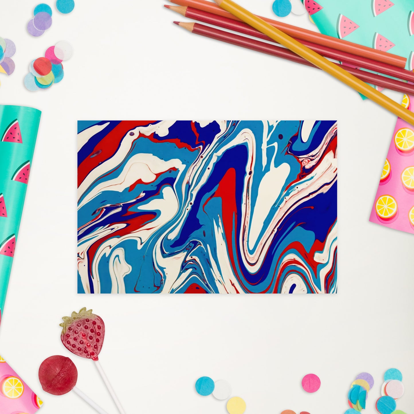 Vibrant Standard Postcard - Red, White & Blue Acrylic Flow Painting - Stylish, Elegant And Unique Abstract Art Gift for Modern Art Lovers