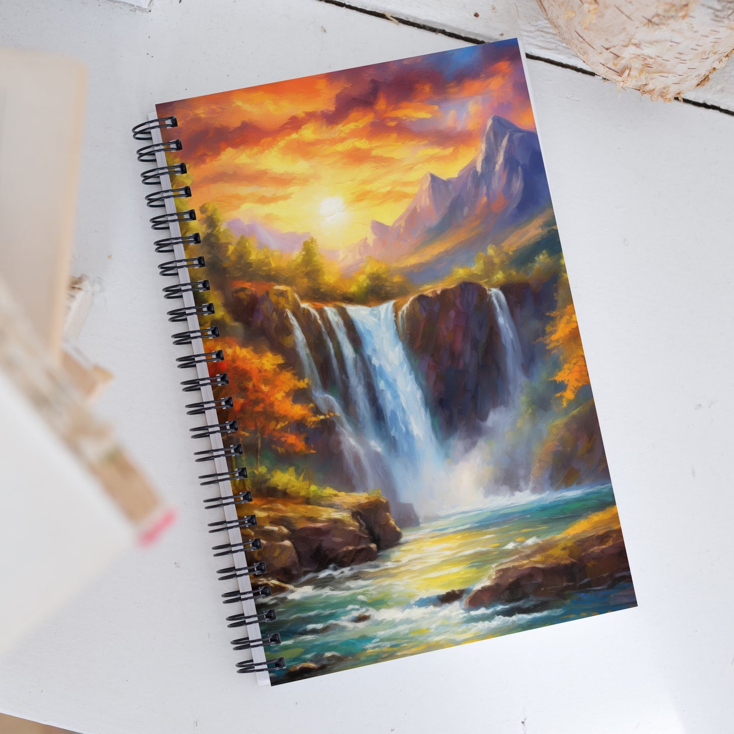 Scenic Mountain Range Spiral Notebook – Autumn Sunset, Majestic Waterfall, Colorful Artistic Cover, Perfect for Home & Country Décor Gift