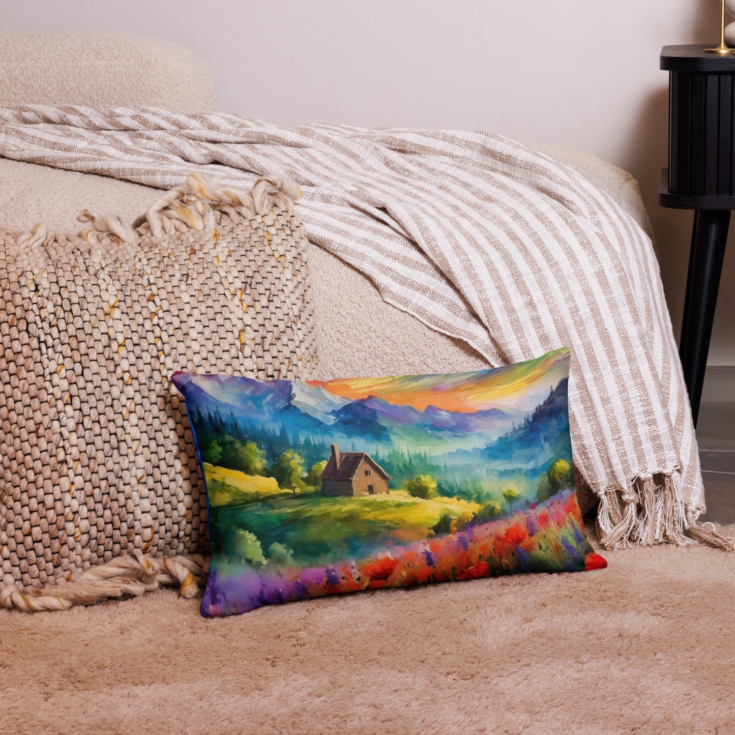 Premium Pillow With Van Gogh-Inspired Colorful Mountain Sunset Oil Painting – Vibrant Cabin & Flower Fields, Perfect For A Home Decor Gift