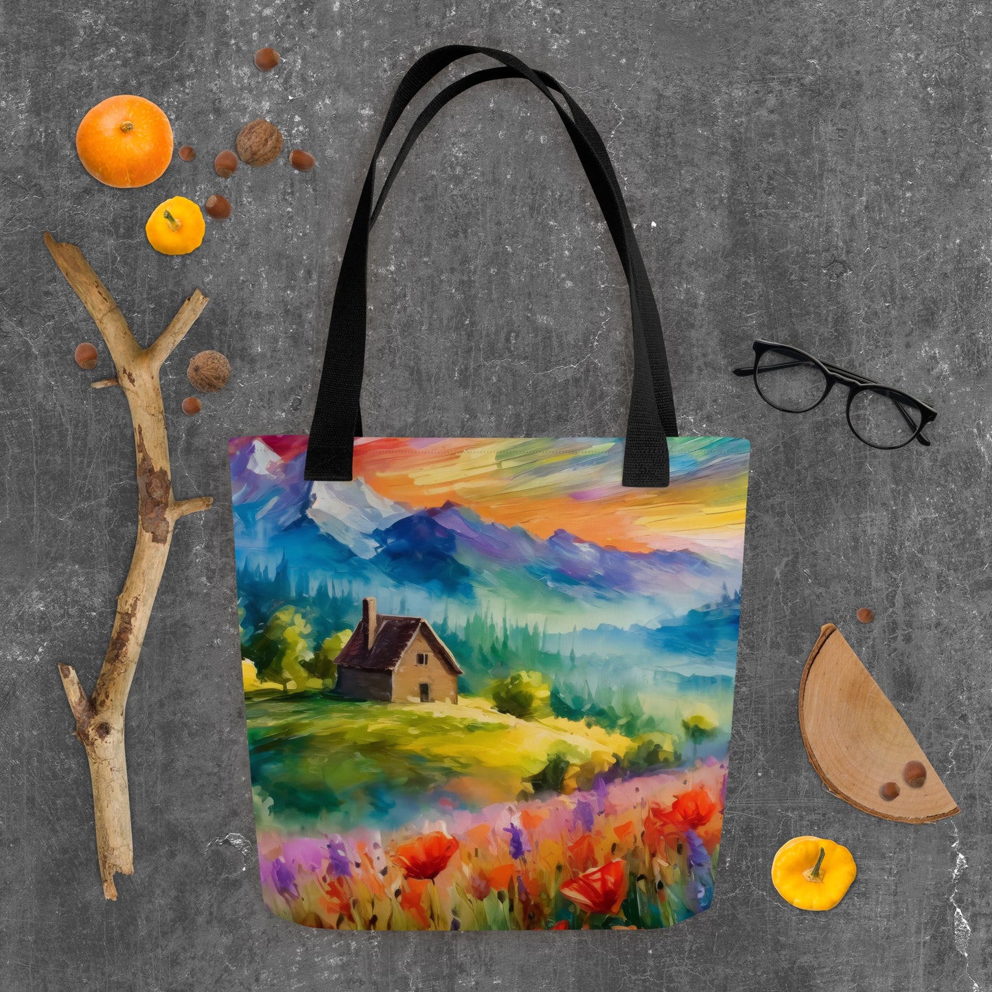 Majestic Cabin In The Mountains Tote Bag - Colorful Sunset Vibrant Van Gogh-Inspired Oil Painting, Perfect For Shopping And Everyday Use