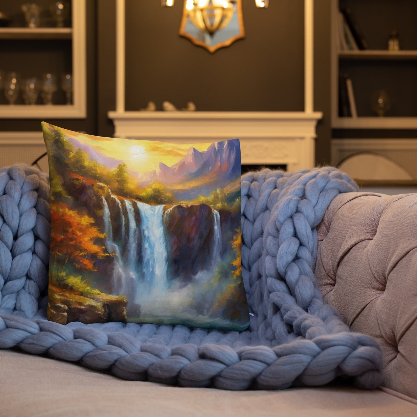 Premium Pillow with Scenic Mountain Range Oil Painting – Autumn Sunset, Waterfall, Colorful Home & Country Décor - A Perfect Gift Idea