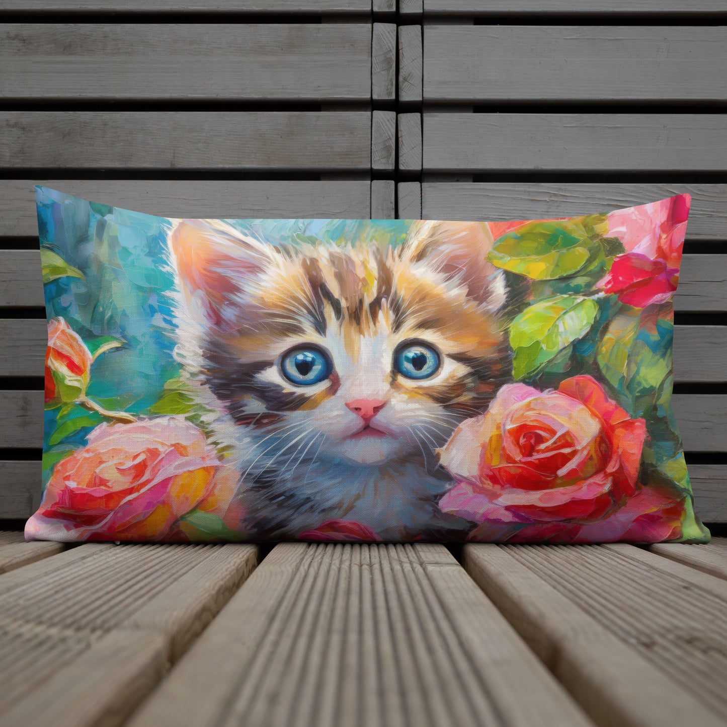Premium Pillow With Adorable Kitten In Rose Bush Oil Painting – Perfect Gift For Cat & Flower Lovers, Soft And Beautiful Home And Bed Decor