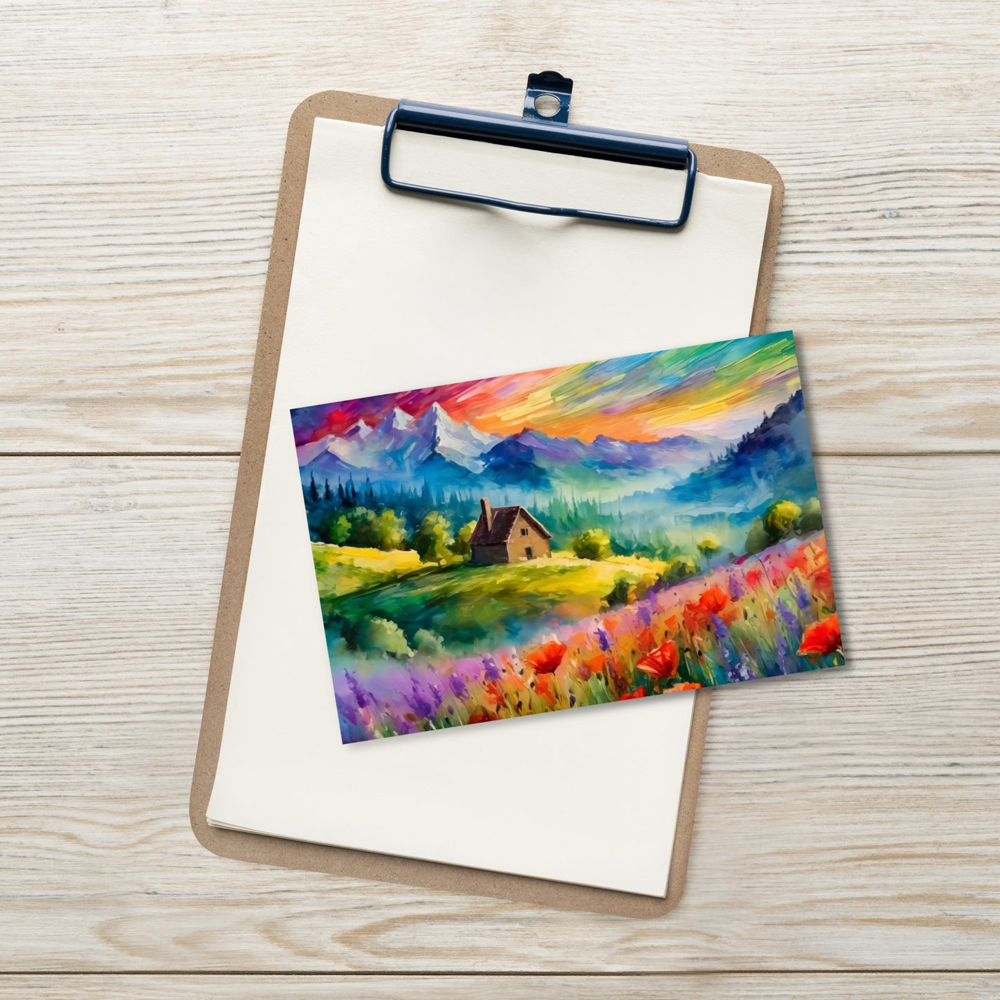 Van Gogh-Inspired Mountain Sunset Greeting Card - Colorful Oil Art For Any Occasion - Cabin In The Mountains - Great Gift For Nature Lovers