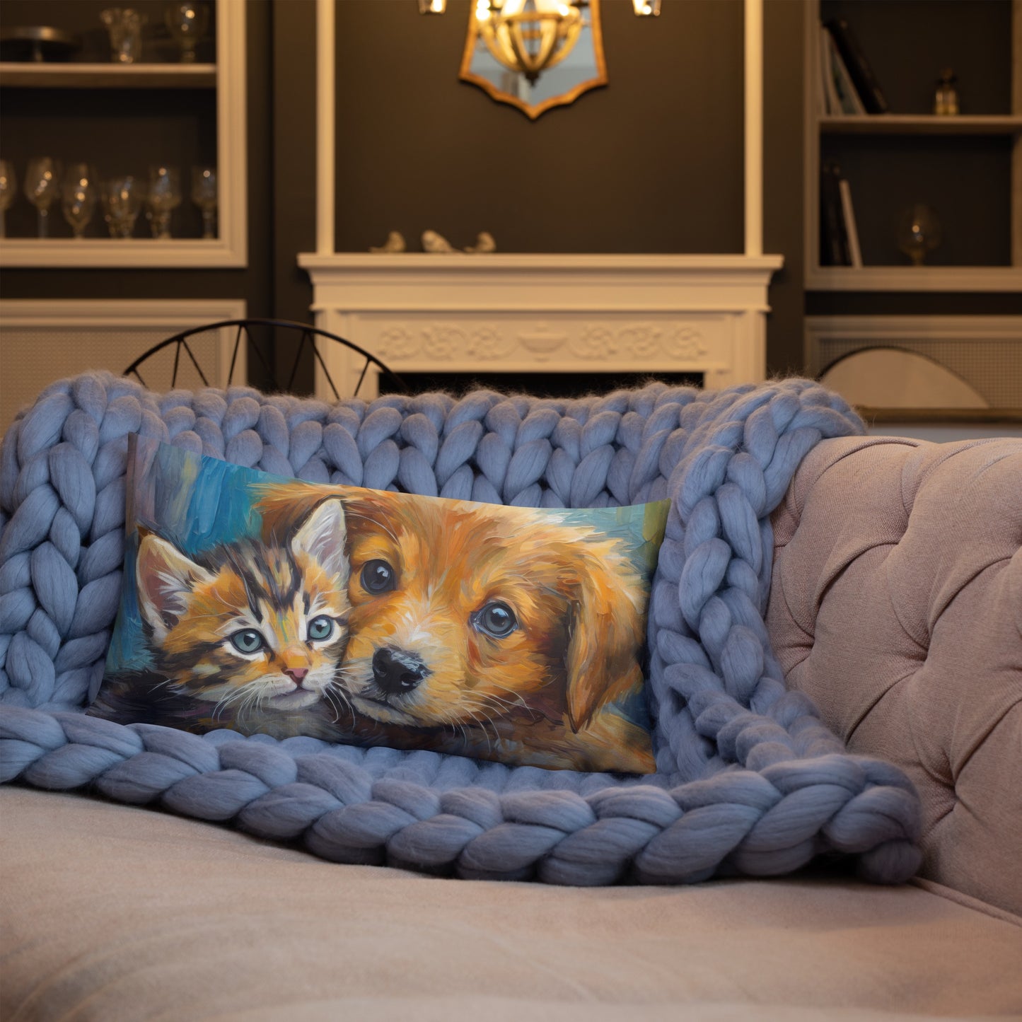 Premium Pillow with Vibrant Oil Painting of Kitten and Puppy Cuddling | Home Décor | Perfect Gift for Kids, Pet Lovers, Dog & Cat Lovers