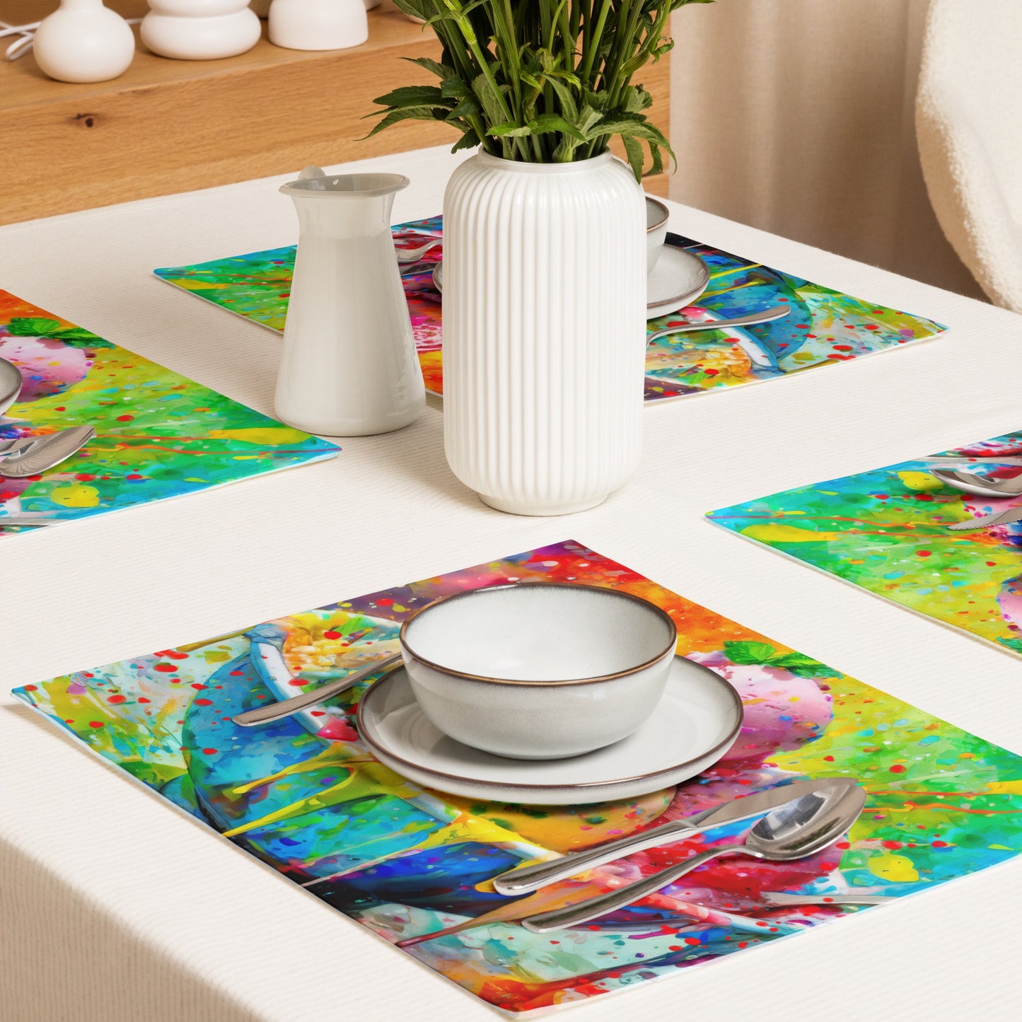Colorful Ice Cream Table Placemat Set of 4 - Vibrant Oil Painting, Rainbow Background, Perfect for Fun and Festive Occasions
