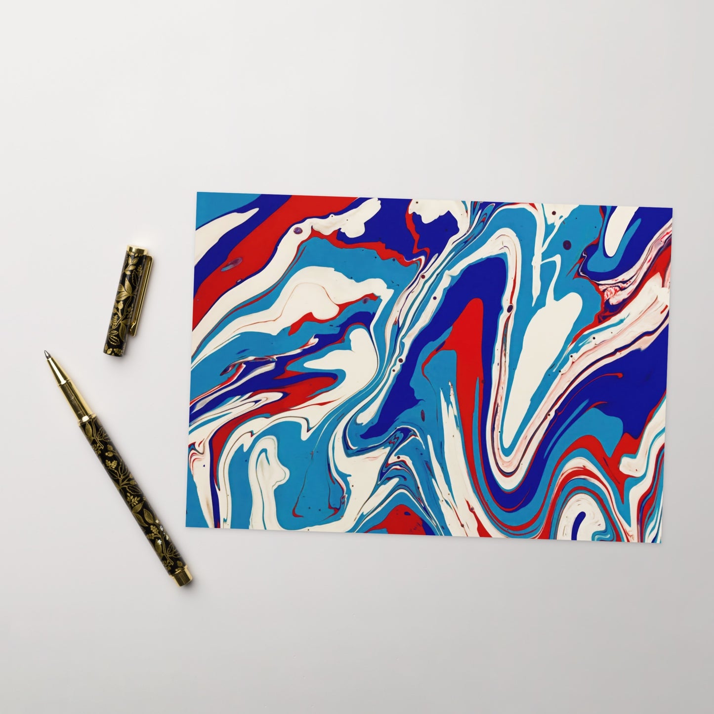 Elegant Acrylic Flow Painting Greeting Card - Vibrant Red, White, and Blue Abstract Art Gift For Every Day Messages And Special Occasions