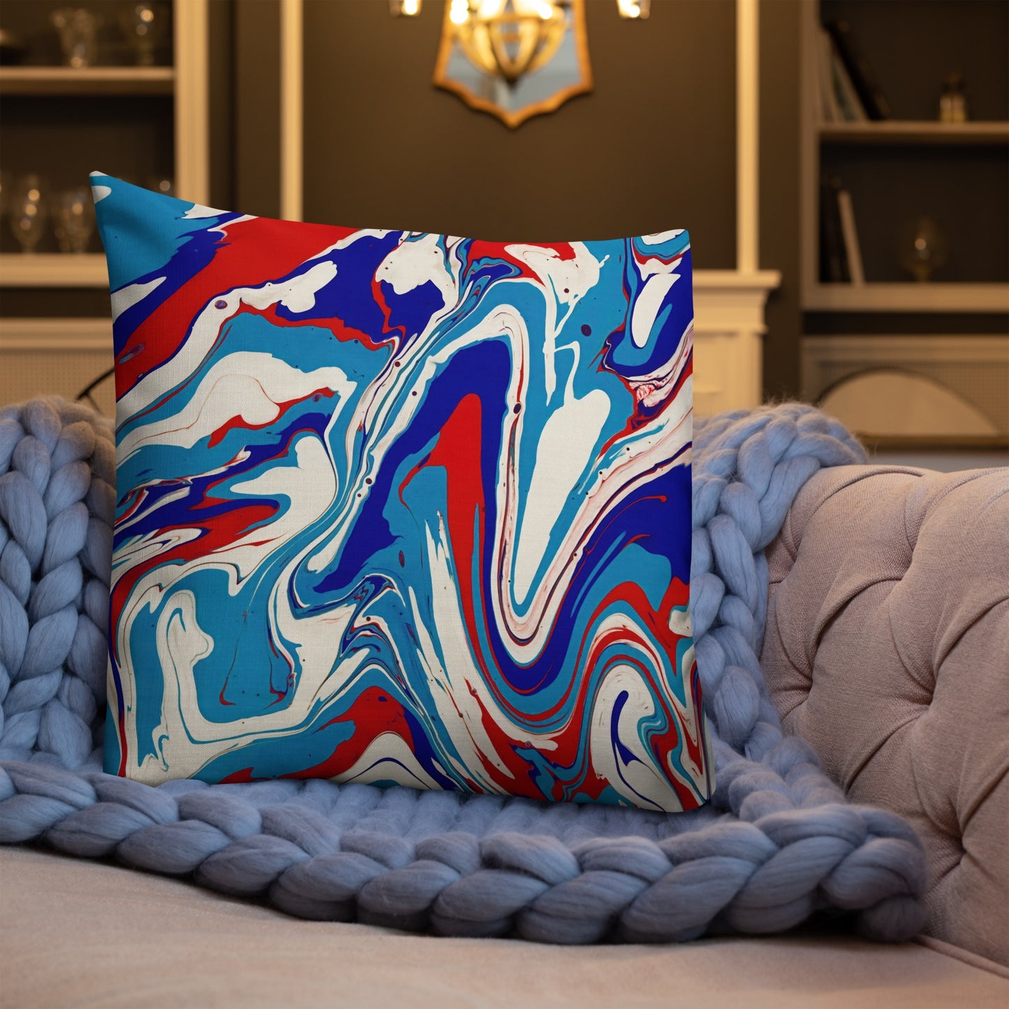 Premium Pillow With Vibrant Red, White, and Blue Acrylic Flow Painting - Elegant Abstract Art Gift For Bedroom And Living Room Couch Decor
