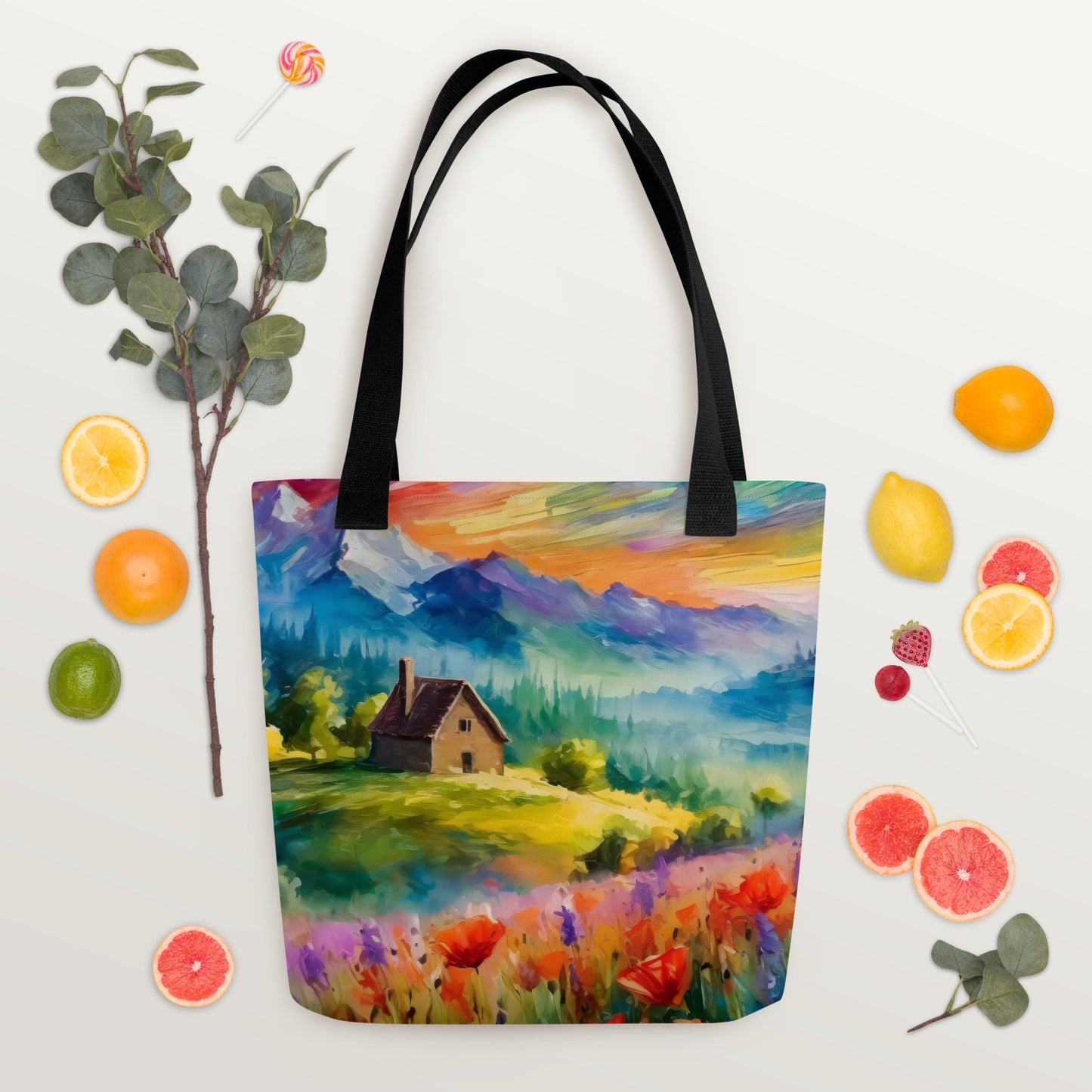 Majestic Cabin In The Mountains Tote Bag - Colorful Sunset Vibrant Van Gogh-Inspired Oil Painting, Perfect For Shopping And Everyday Use