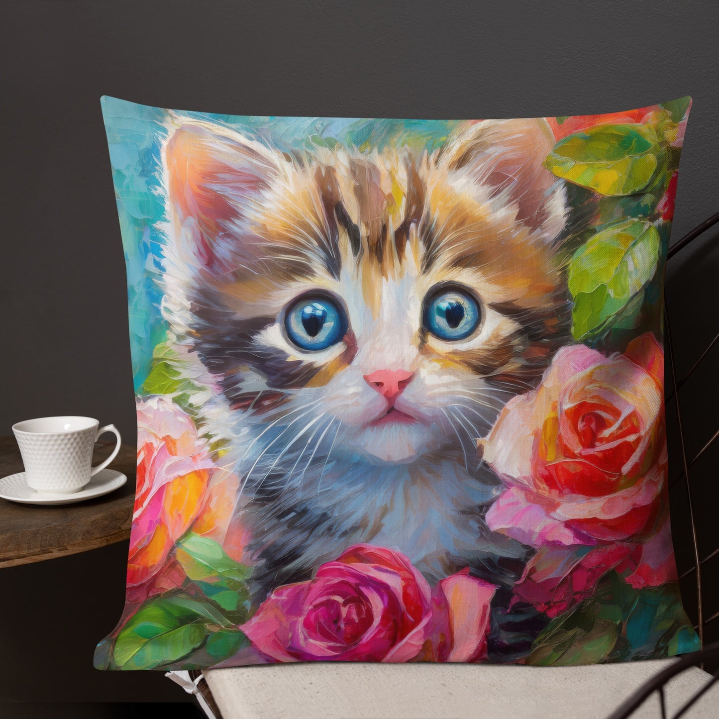 Premium Pillow With Adorable Kitten In Rose Bush Oil Painting – Perfect Gift For Cat & Flower Lovers, Soft And Beautiful Home And Bed Decor