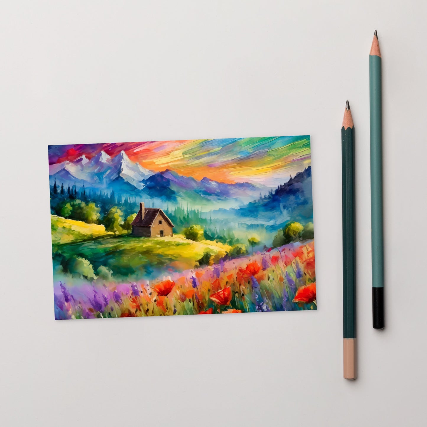 Majestic Mountain Sunset Postcard - Van Gogh Style Scenic Art With Cabin And Flower Fields - Perfect Gift As Vibrant Art & Stationary Décor