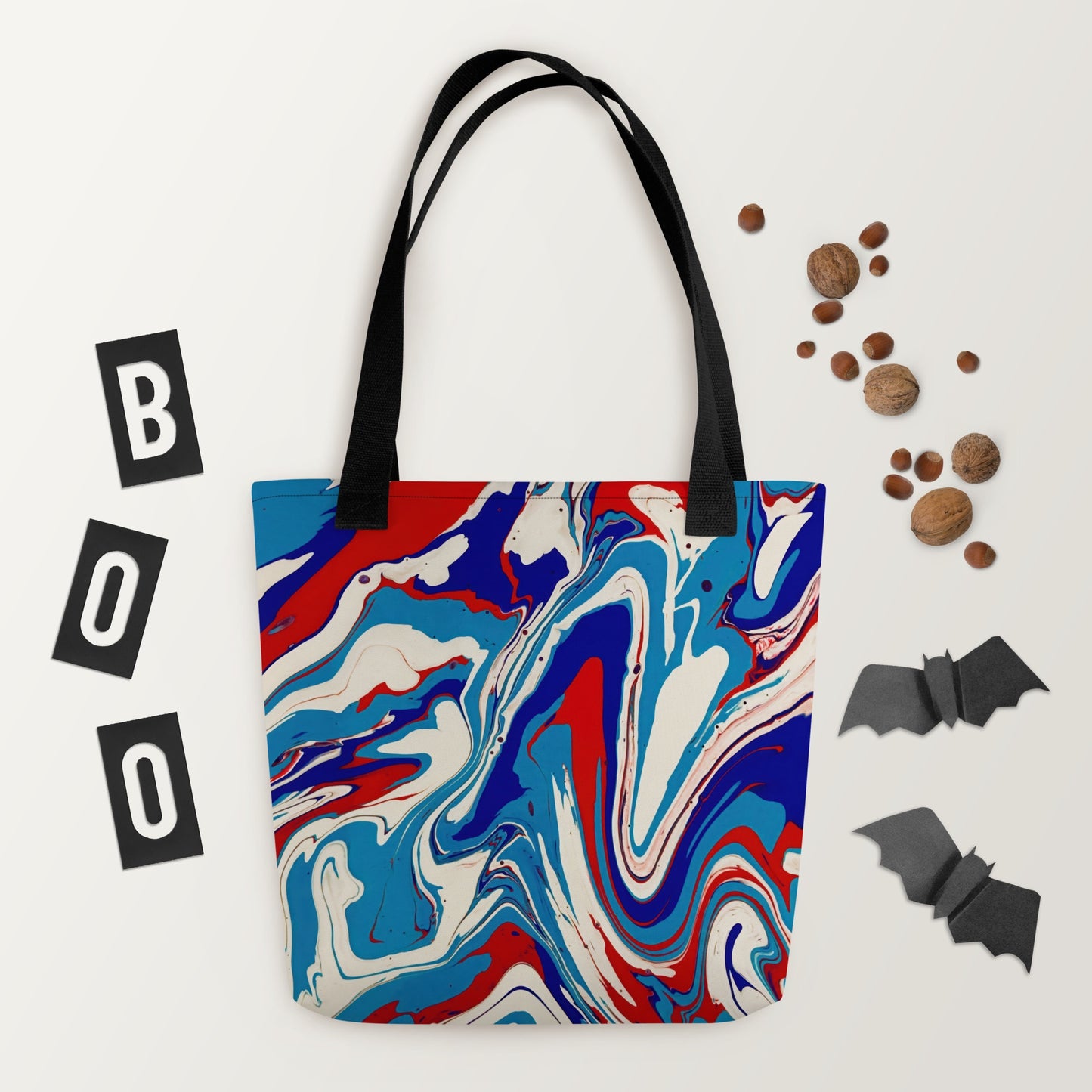Elegant Durable Tote Bag With Vibrant Red, White, And Blue Acrylic Flow Painting - Stylish Abstract Art Gift For Everyday Use And Shopping