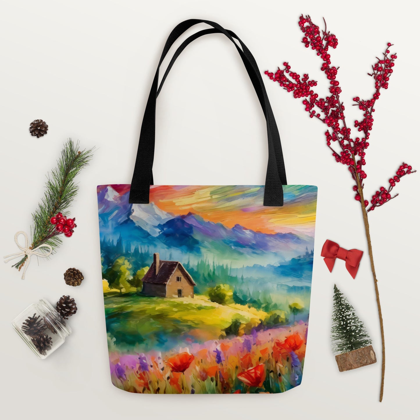 Majestic Cabin In The Mountains Tote Bag - Colorful Sunset Vibrant Van Gogh-Inspired Oil Painting, Perfect For Shopping And Everyday Use