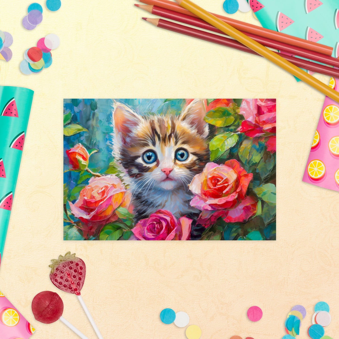 Adorable Kitten In Rose Bush Postcard - Vibrant Oil Painting - Stylish Gift For Cat, Nature, And Flower Lovers, Beautiful Stationary Decor