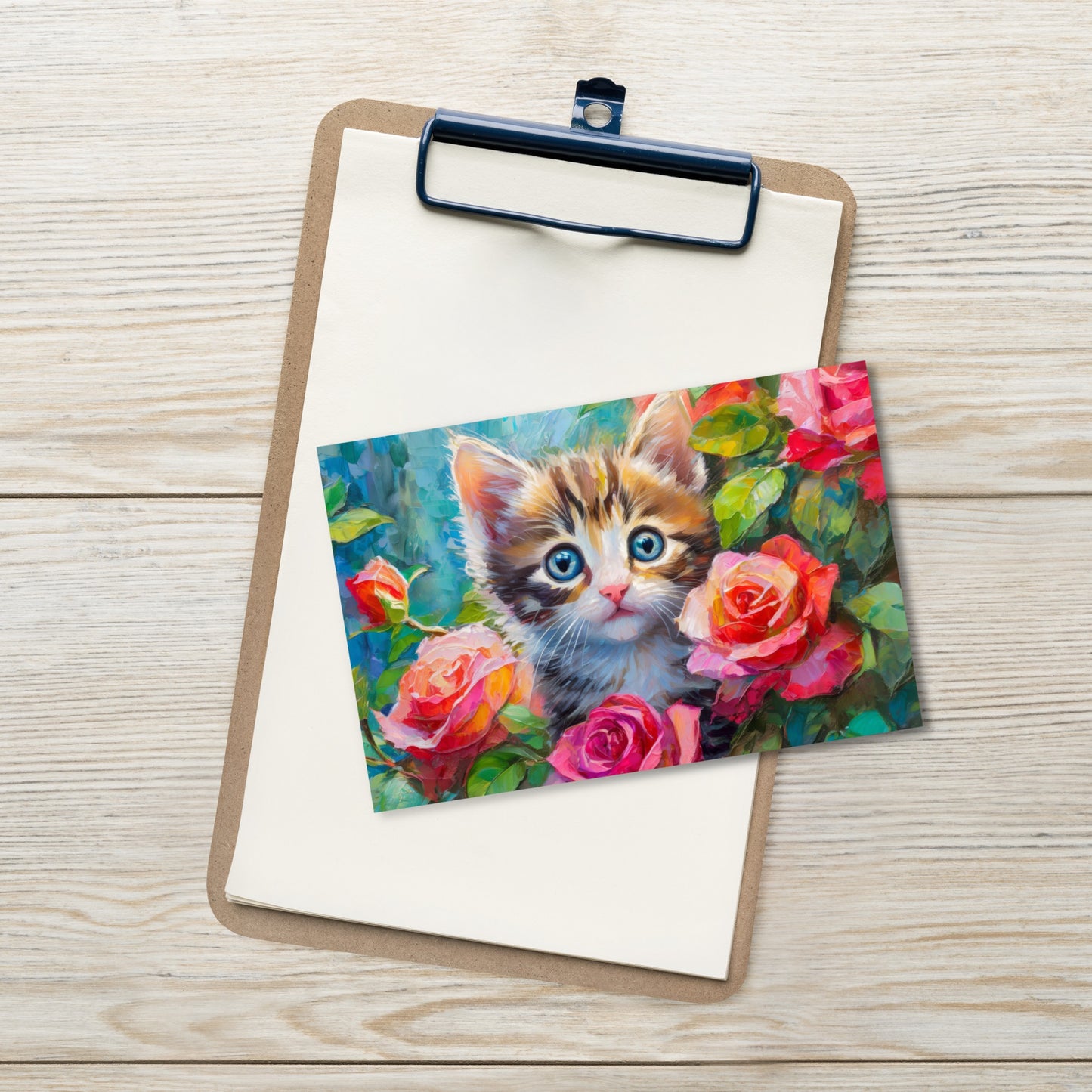 Adorable Kitten In Rose Bush Postcard - Vibrant Oil Painting - Stylish Gift For Cat, Nature, And Flower Lovers, Beautiful Stationary Decor