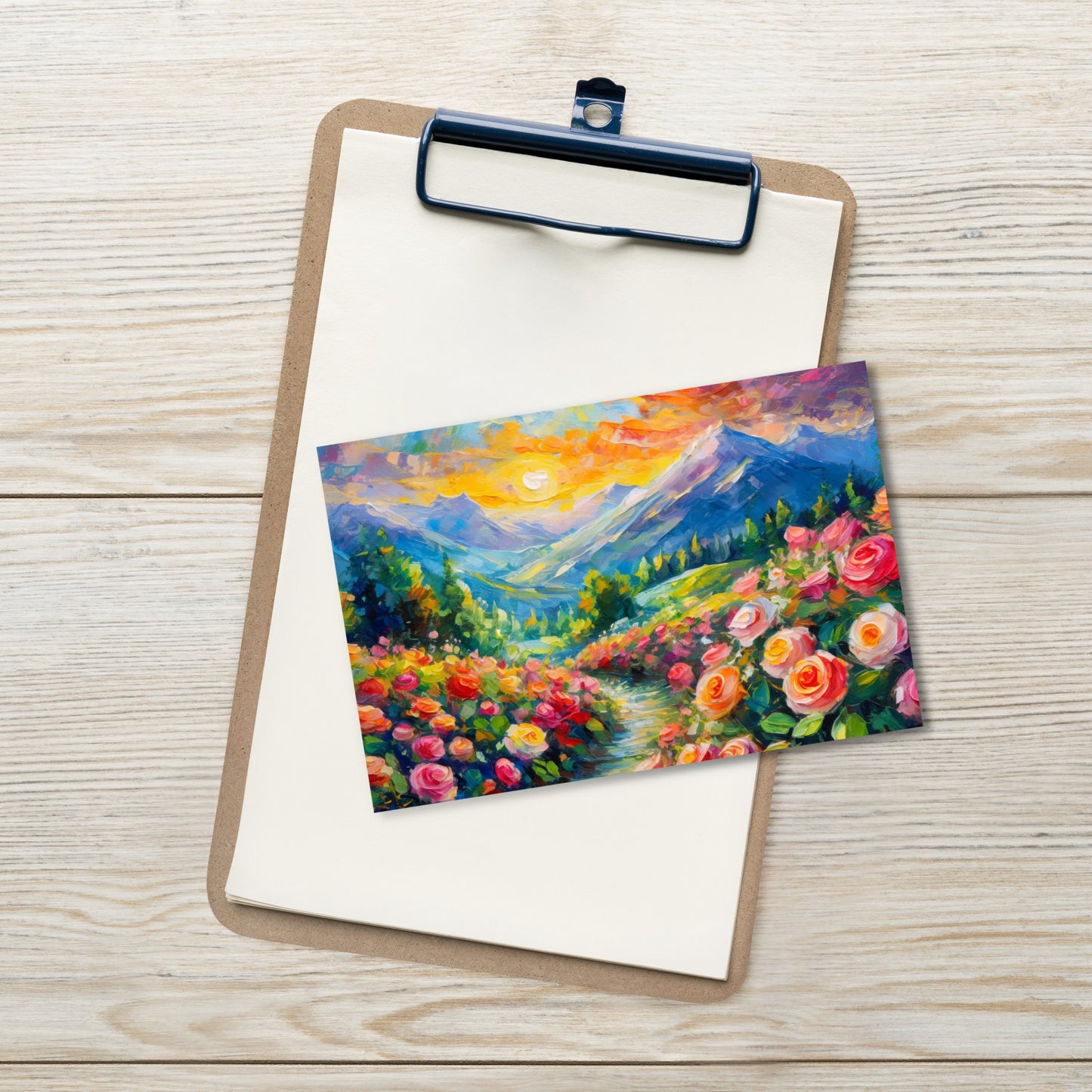 Majestic Mountain Sunset Postcard - Vibrant Oil Painting With Roses & Grass Path - Stylish, Colorful Scenic View - Great For All Occasions