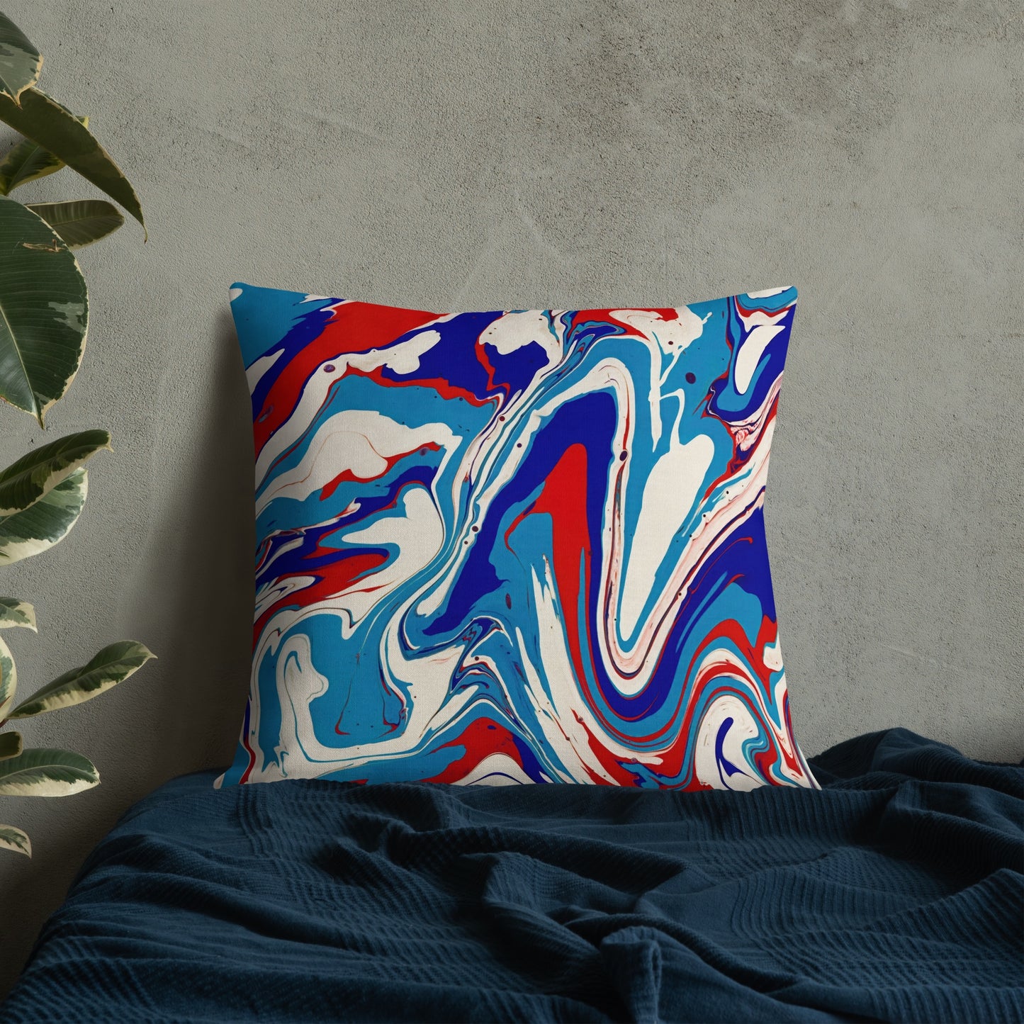 Premium Pillow With Vibrant Red, White, and Blue Acrylic Flow Painting - Elegant Abstract Art Gift For Bedroom And Living Room Couch Decor