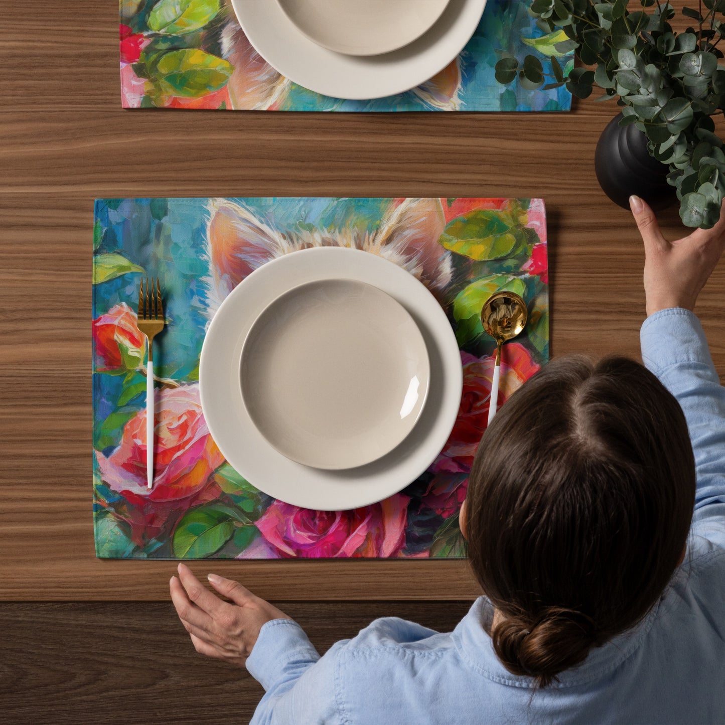 Adorable Kitten In Rose Bush Table Placemat Set of 4 - Colorful Oil Painting, Perfect Gift for Nature, Cat, And Flower Lovers
