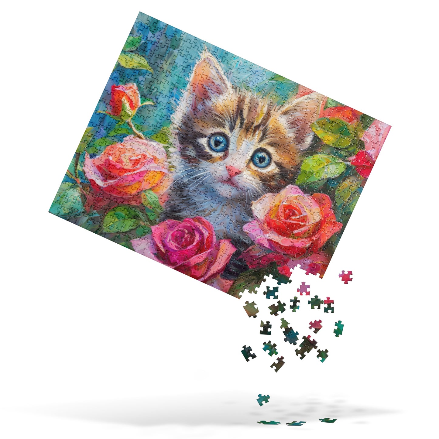 Adorable Kitten In Rose Bush Oil Painting Jigsaw Puzzle - Perfect Gift For Nature, Cat, And Flower Lovers! - Fun For The Entire Family!