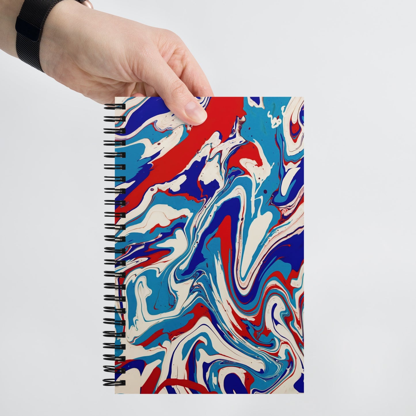 Vibrant Red, White & Blue Flow Acrylic Painting Spiral Notebook - Elegant Abstract And Modern Art Design for Art Lovers And Creative Minds