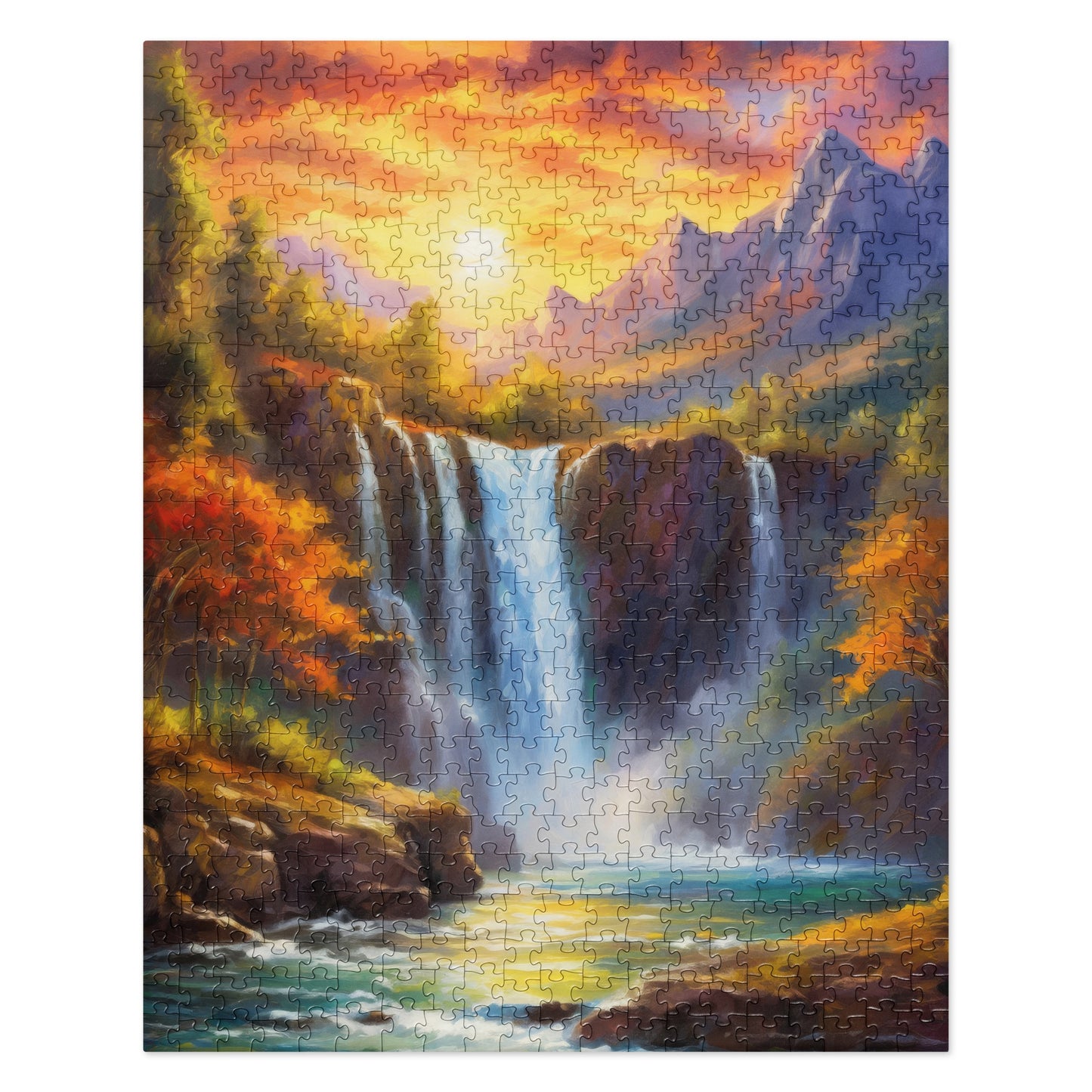 Majestic Mountain Sunset & Waterfall Jigsaw Puzzle - Scenic Oil Painting, Colorful And Stylish, Perfect Fine Art Gift For Family And Friends