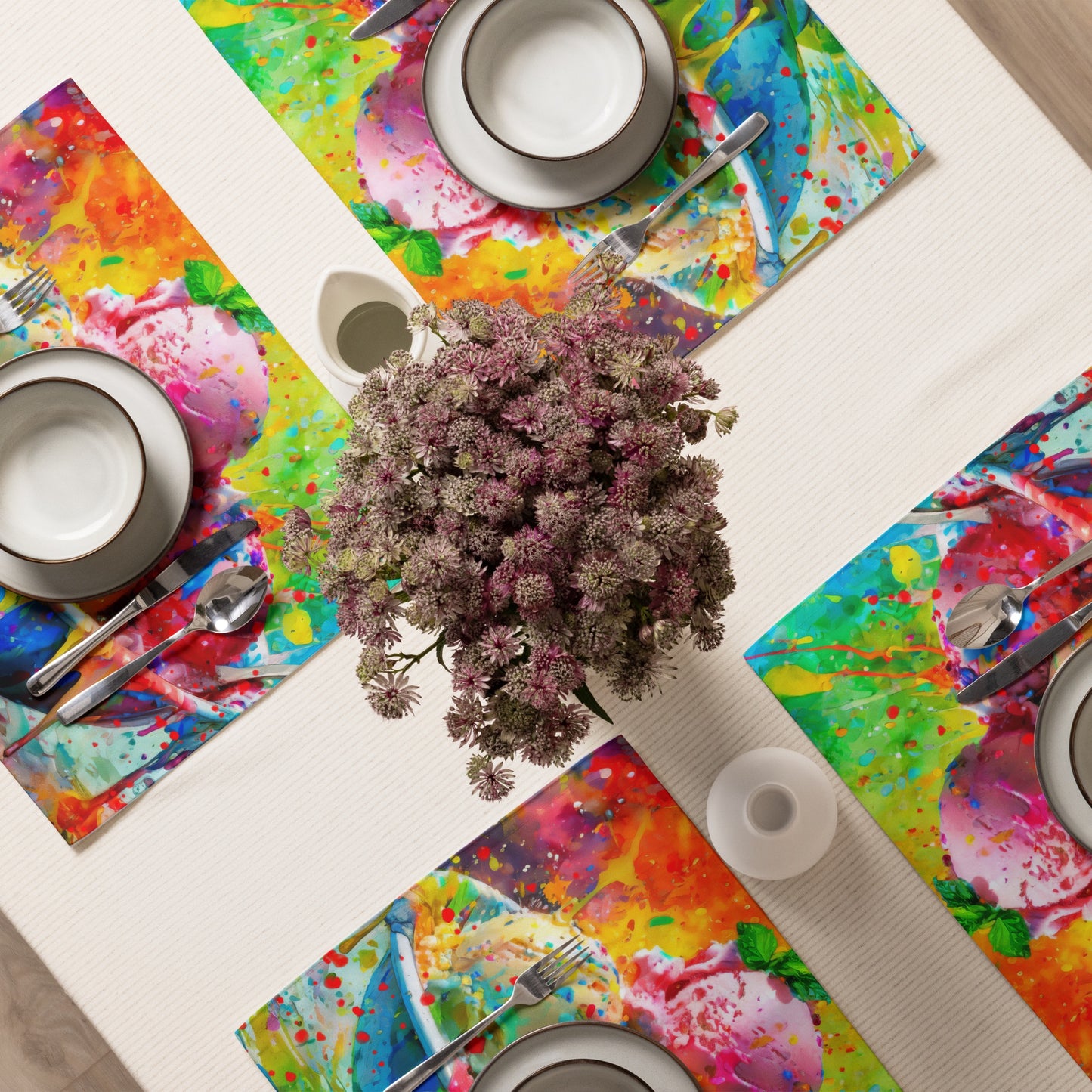 Colorful Ice Cream Table Placemat Set of 4 - Vibrant Oil Painting, Rainbow Background, Perfect for Fun and Festive Occasions