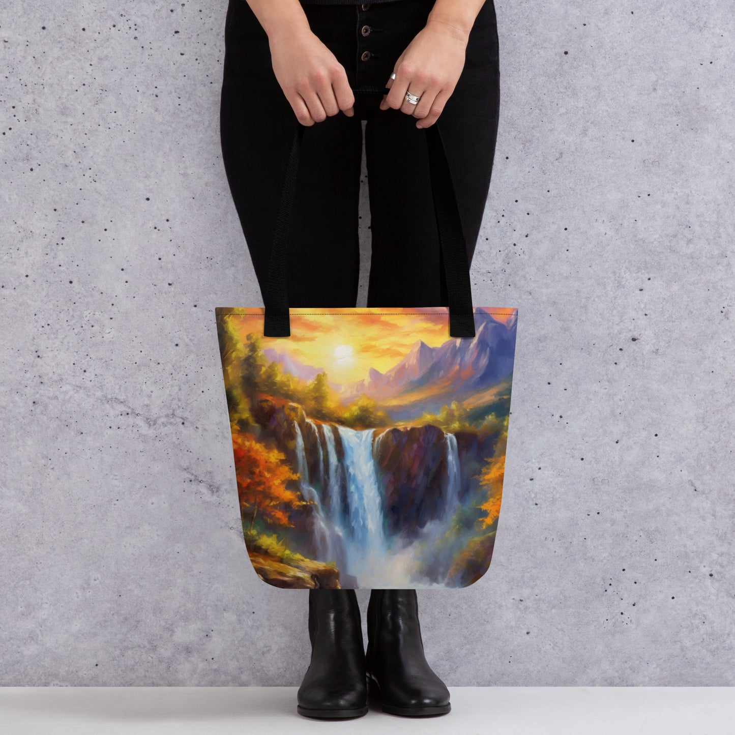 Scenic Mountain Range Tote Bag – Autumn Sunset, Majestic Waterfall, Colorful Artistic Design, Perfect for Home & Country Décor, Ideal Gift