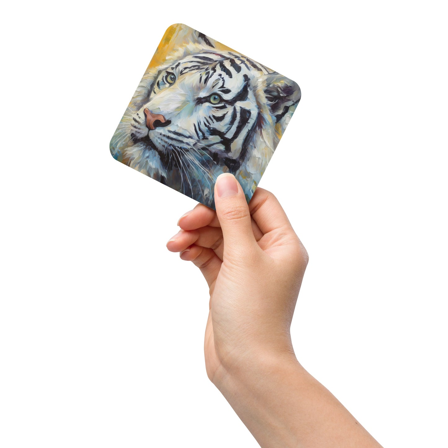 Majestic White Tiger Oil Painting Cork-Back Drink Coaster -  Stylish, Fine Art For Nature & Wildlife Lovers, Home And Cafe Table Décor