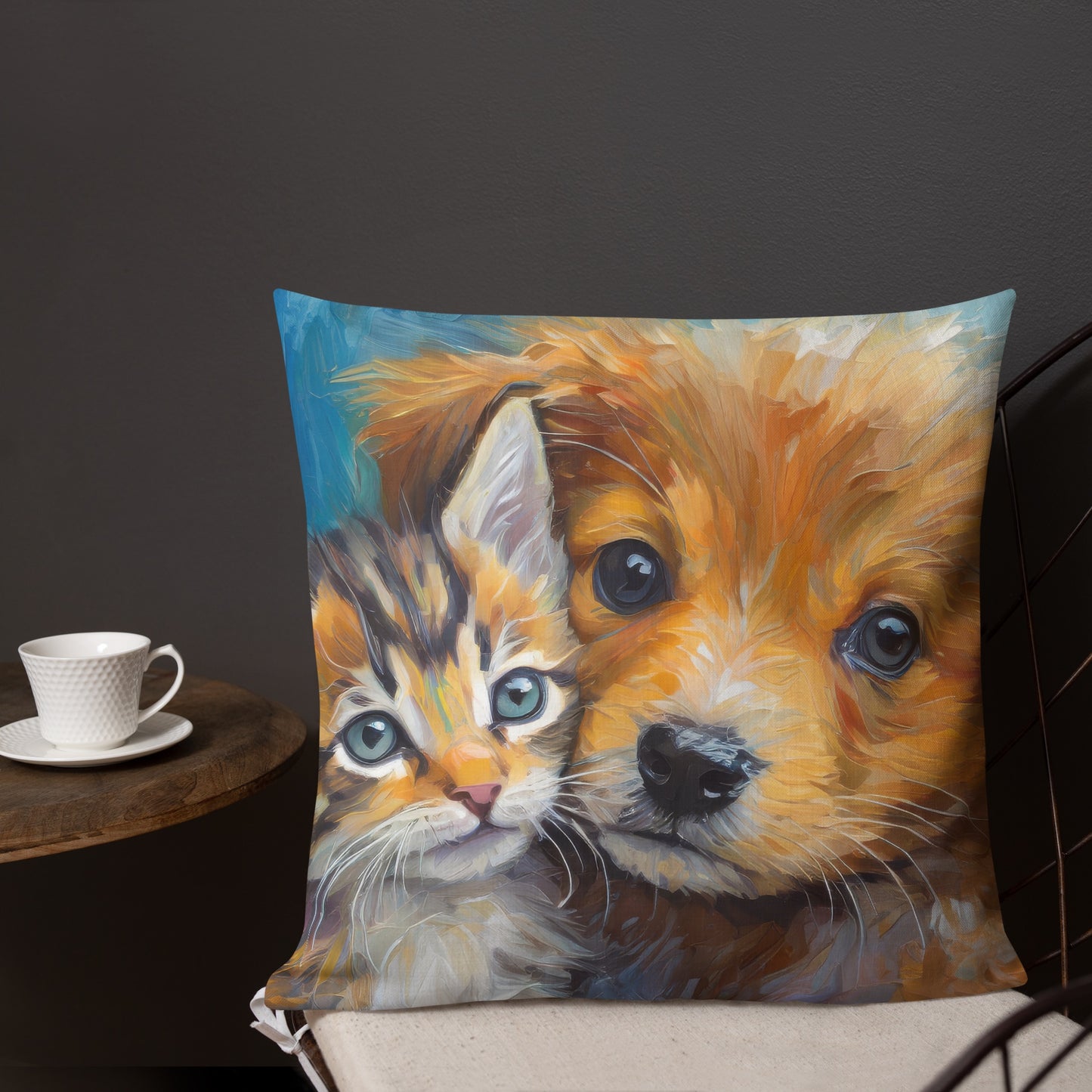 Premium Pillow with Vibrant Oil Painting of Kitten and Puppy Cuddling | Home Décor | Perfect Gift for Kids, Pet Lovers, Dog & Cat Lovers