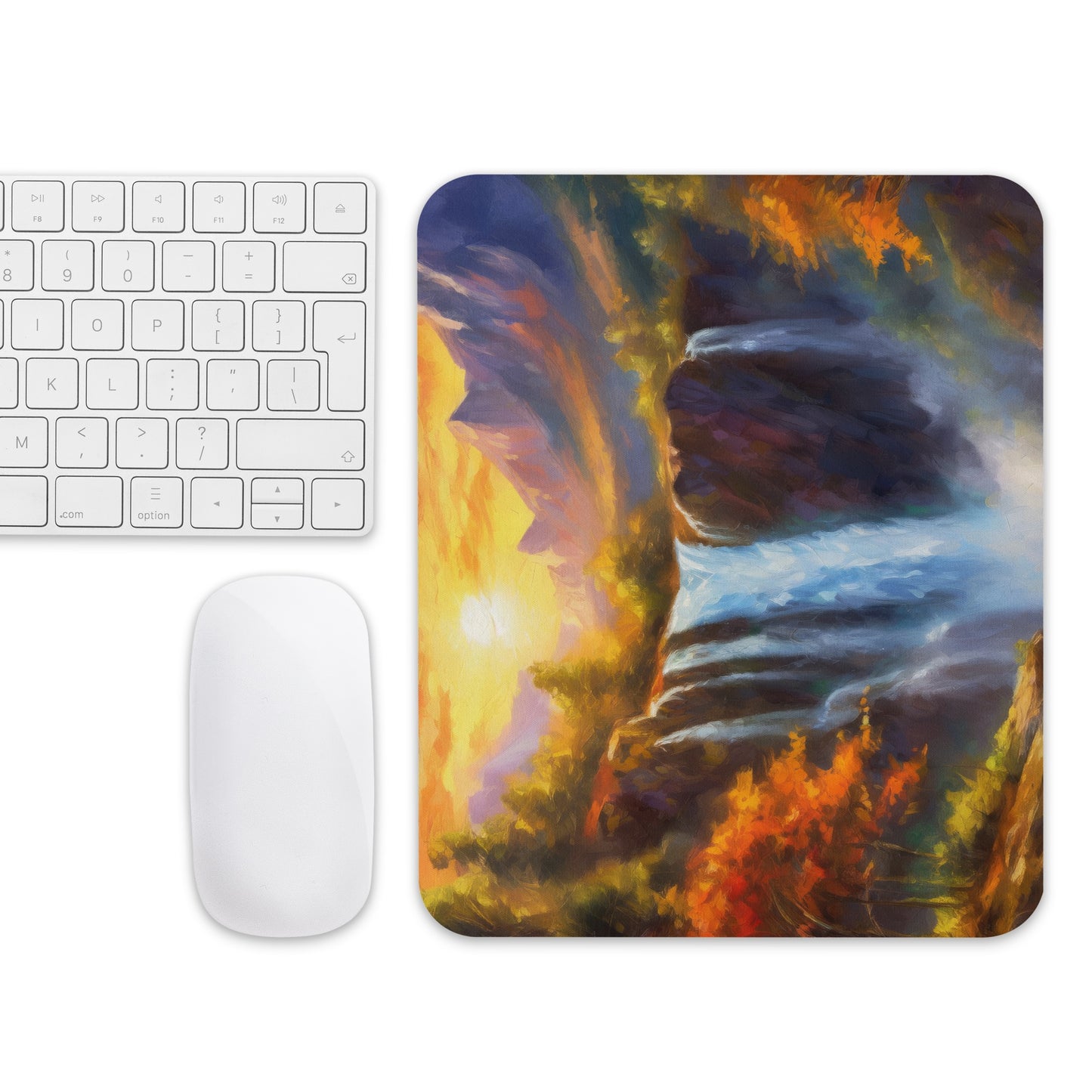 Scenic Mountain Waterfall Mouse Pad - Autumn Sunset Oil Painting - Colorful Home & Country Décor - Stylish Desk Accessory - Great Gift Idea