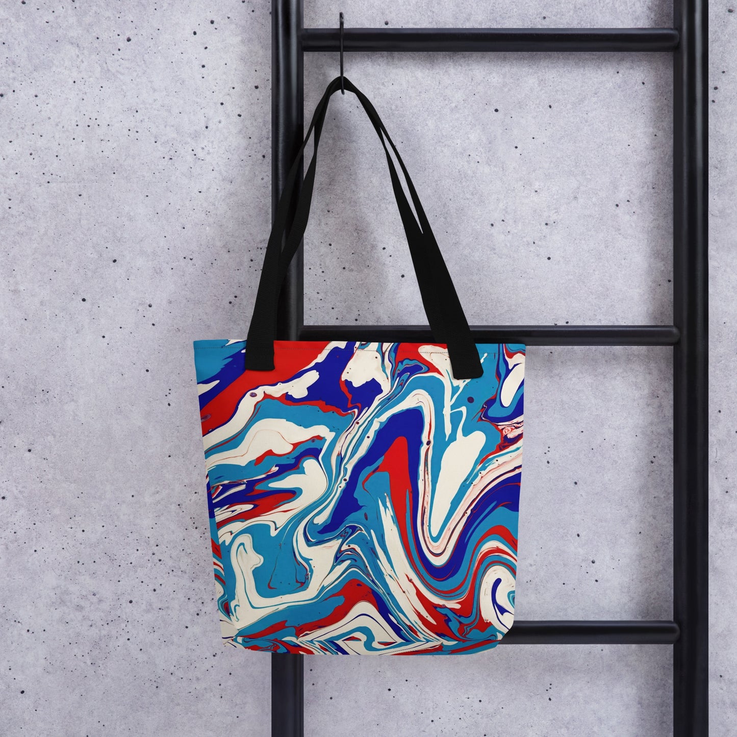 Elegant Durable Tote Bag With Vibrant Red, White, And Blue Acrylic Flow Painting - Stylish Abstract Art Gift For Everyday Use And Shopping