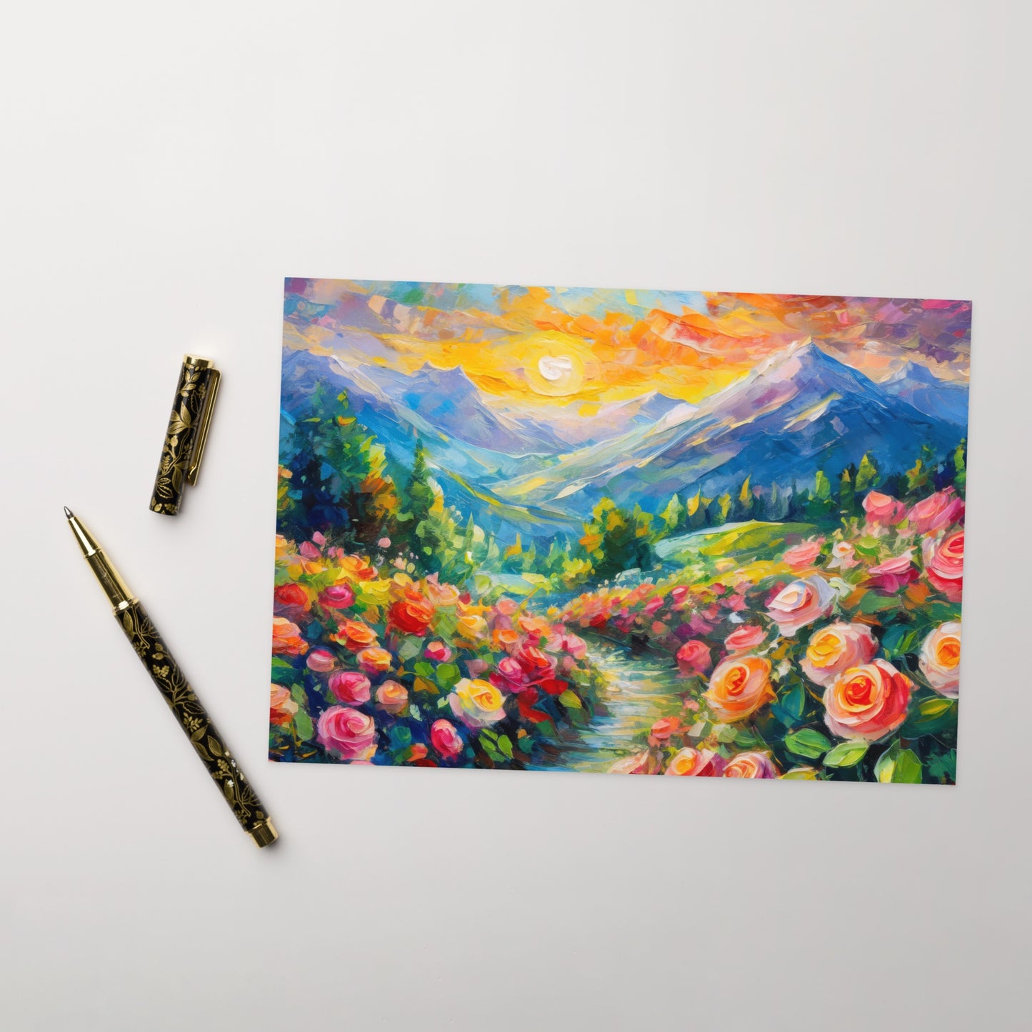 Majestic Mountain Sunset Greeting Card - Vibrant Oil Painting with Rose Path - Stylish, Peaceful & Colorful Nature Scene - A Great Gift Idea