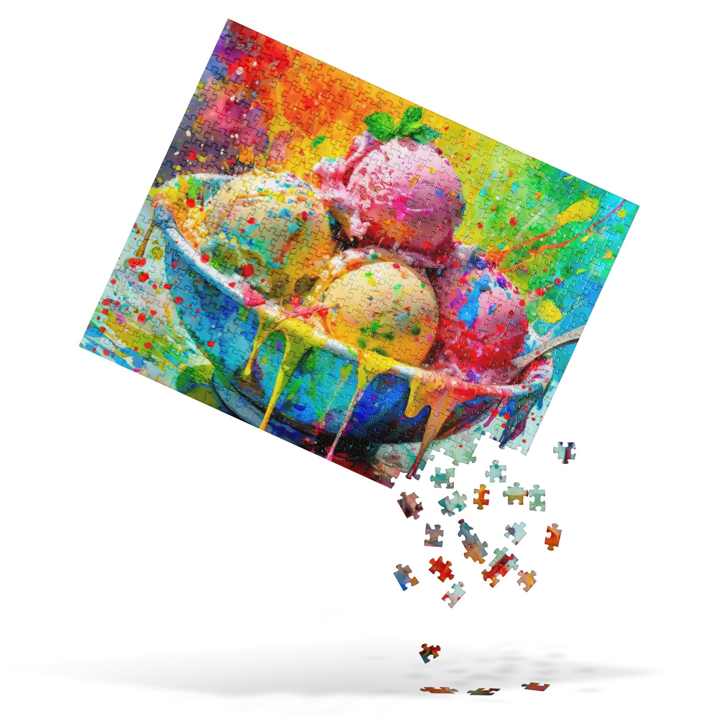 Vibrant Ice Cream Bowl Jigsaw Puzzle - Colorful Oil Painting with Rainbow Background - Stylish & Fun Puzzle for Art Lovers - Great Gift Idea