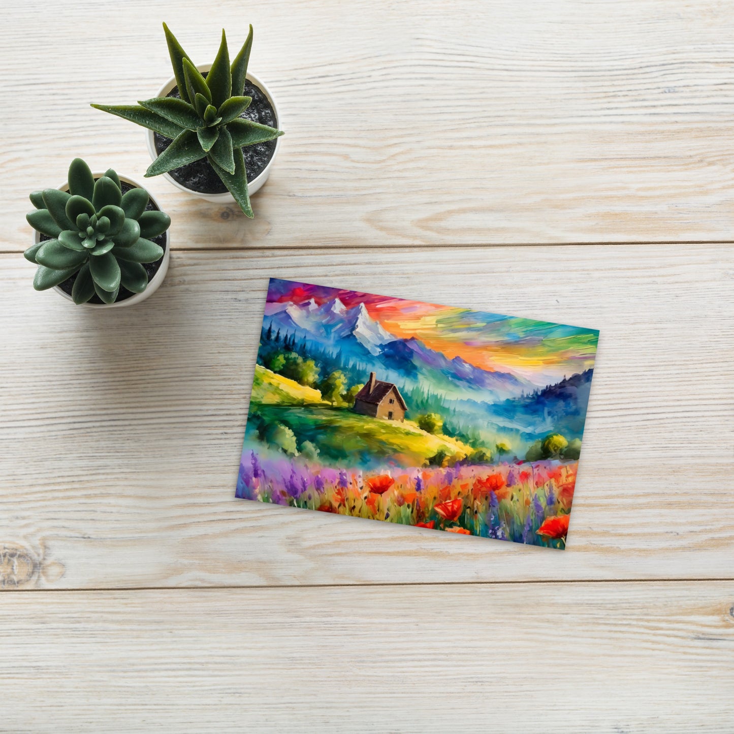 Majestic Mountain Sunset Postcard - Van Gogh Style Scenic Art With Cabin And Flower Fields - Perfect Gift As Vibrant Art & Stationary Décor
