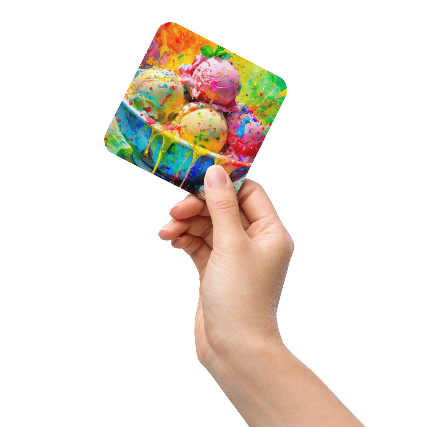 Vibrant Ice Cream Bowl Cork-Back Coaster - Colorful Oil Painting with Rainbow Background - Stylish, Artsy and Fun - Home And Kitchen Décor