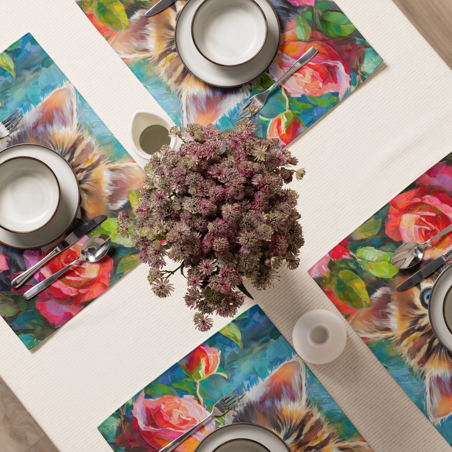 Adorable Kitten In Rose Bush Table Placemat Set of 4 - Colorful Oil Painting, Perfect Gift for Nature, Cat, And Flower Lovers