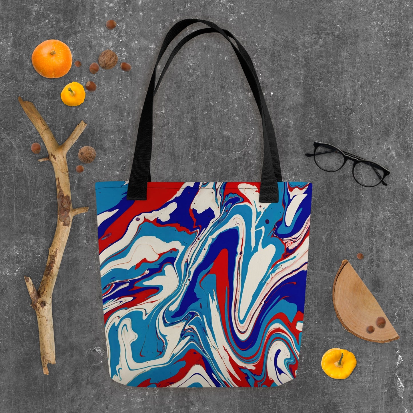 Elegant Durable Tote Bag With Vibrant Red, White, And Blue Acrylic Flow Painting - Stylish Abstract Art Gift For Everyday Use And Shopping