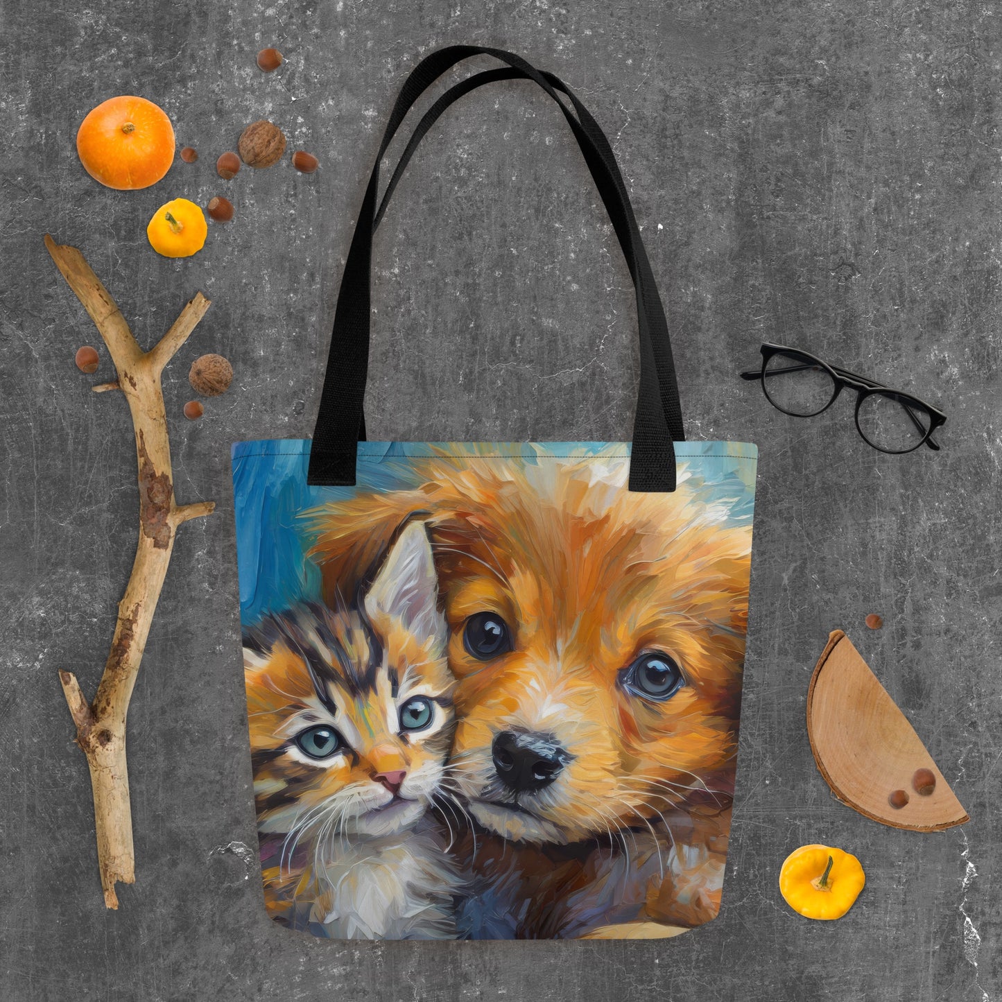 Adorable Kitten And Puppy Cuddling Oil Painting Tote Bag - Stylish Pet Lovers Tote Bag - Cute Animal Art Design - Makes A Great Gift Too