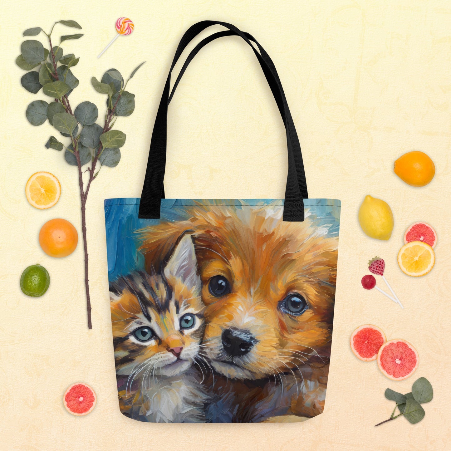 Adorable Kitten And Puppy Cuddling Oil Painting Tote Bag - Stylish Pet Lovers Tote Bag - Cute Animal Art Design - Makes A Great Gift Too