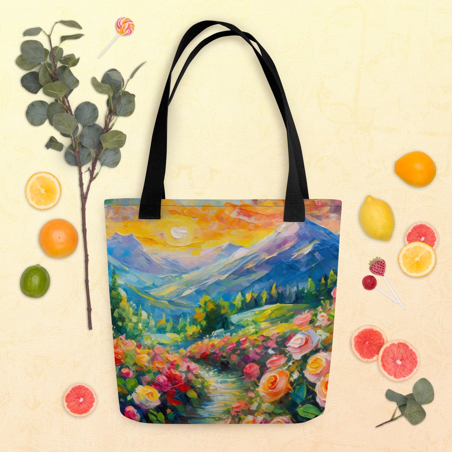 Majestic Mountain Sunset Tote Bag - Vibrant And Stylish Oil Painting, Reusable And Eco-Friendly, Perfect for Nature Lovers & Art Enthusiasts