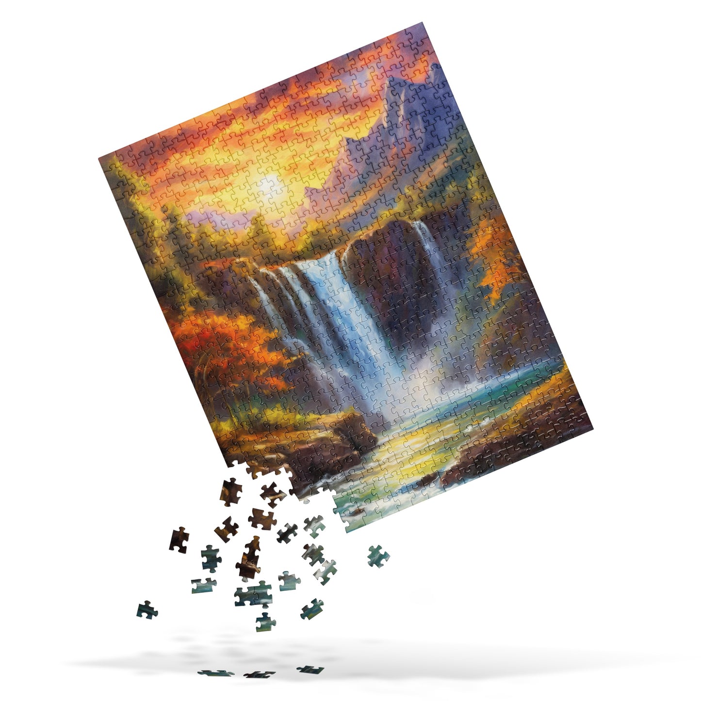 Majestic Mountain Sunset & Waterfall Jigsaw Puzzle - Scenic Oil Painting, Colorful And Stylish, Perfect Fine Art Gift For Family And Friends