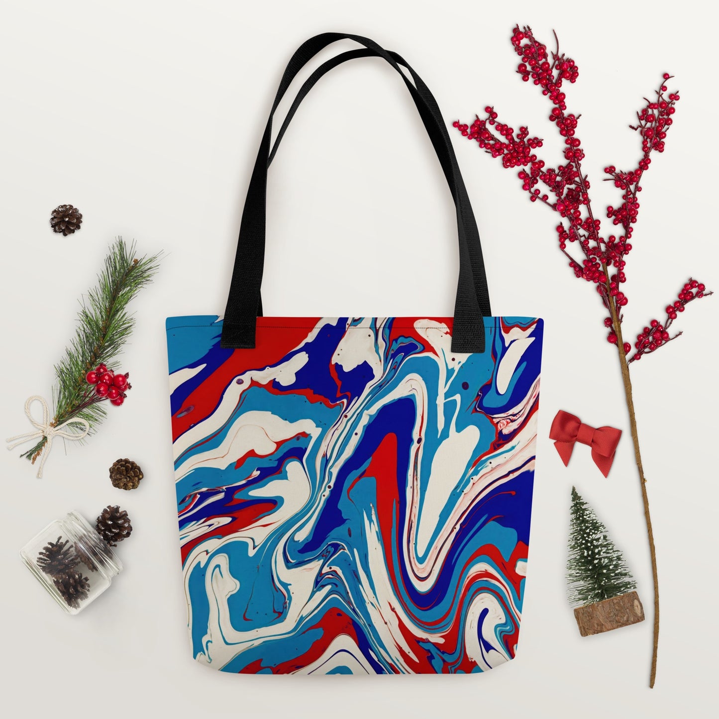 Elegant Durable Tote Bag With Vibrant Red, White, And Blue Acrylic Flow Painting - Stylish Abstract Art Gift For Everyday Use And Shopping