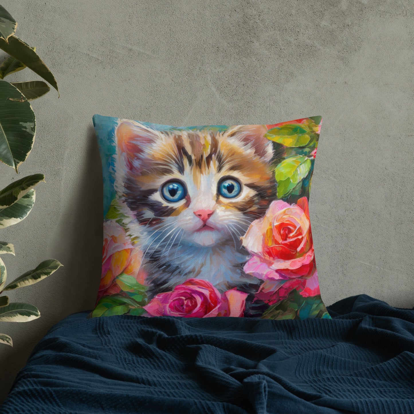 Premium Pillow With Adorable Kitten In Rose Bush Oil Painting – Perfect Gift For Cat & Flower Lovers, Soft And Beautiful Home And Bed Decor
