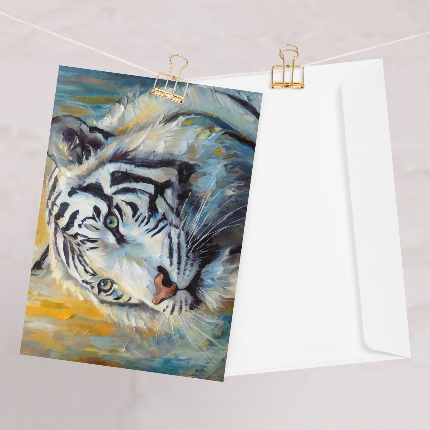 Elegant White Tiger Greeting Card – Beautiful Oil Painting Artwork – Majestic Animal Design – Nature Inspired Card – Stylish Stationary Art