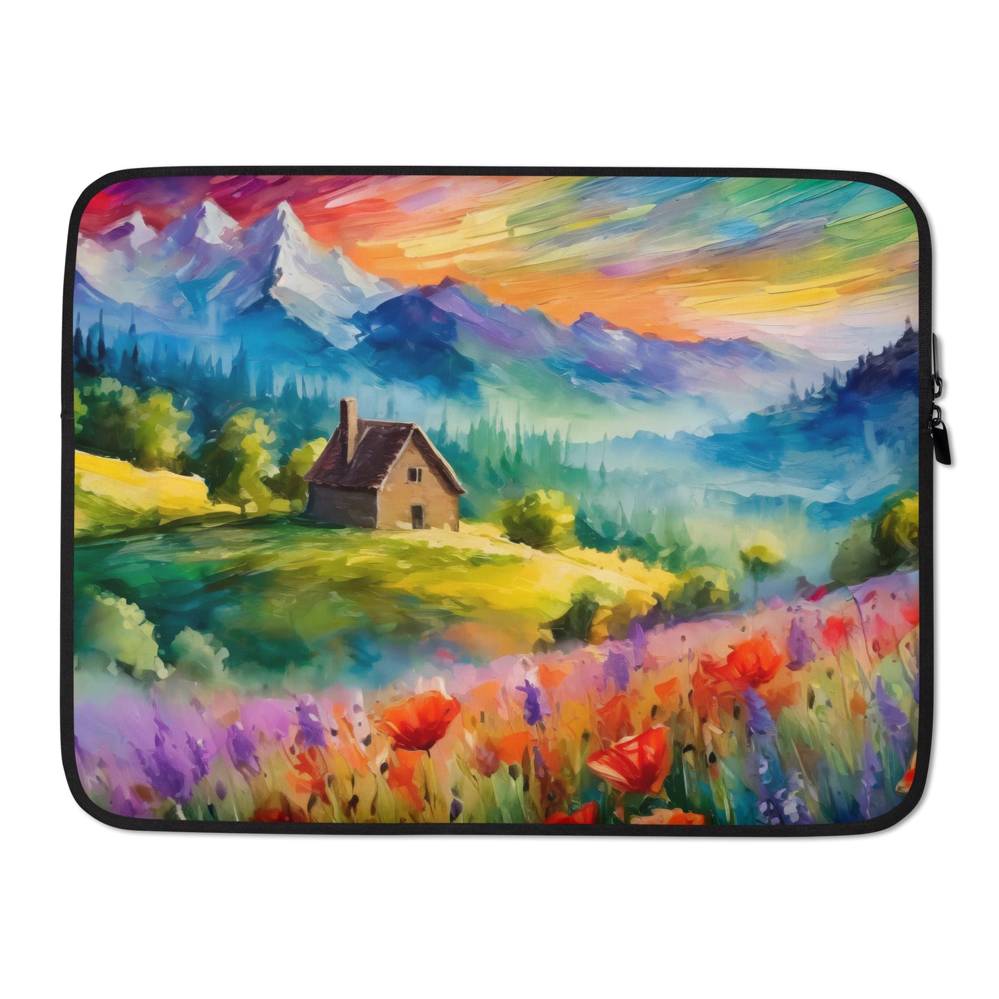 Artistic Van Gogh Style Laptop Sleeve - Scenic Mountain Sunset, Multicolored Sky, Cozy Cabin & Vibrant Flowers - Stylish Protective Case